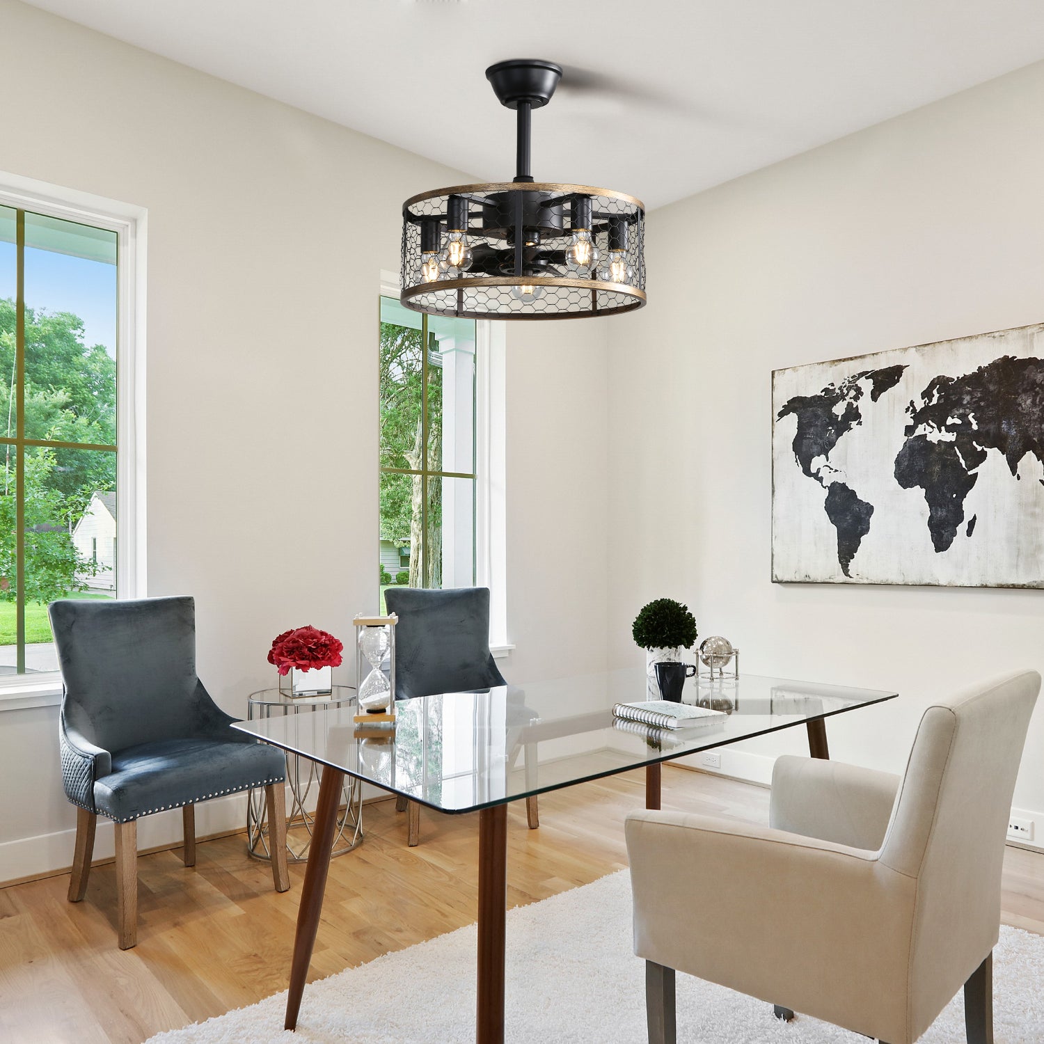 20 Inch Industrial Caged Ceiling Fan with 7 ABS Blades & Remote Control - Reversible DC Motor for Warehouse, Garage, and Workshop Cooling