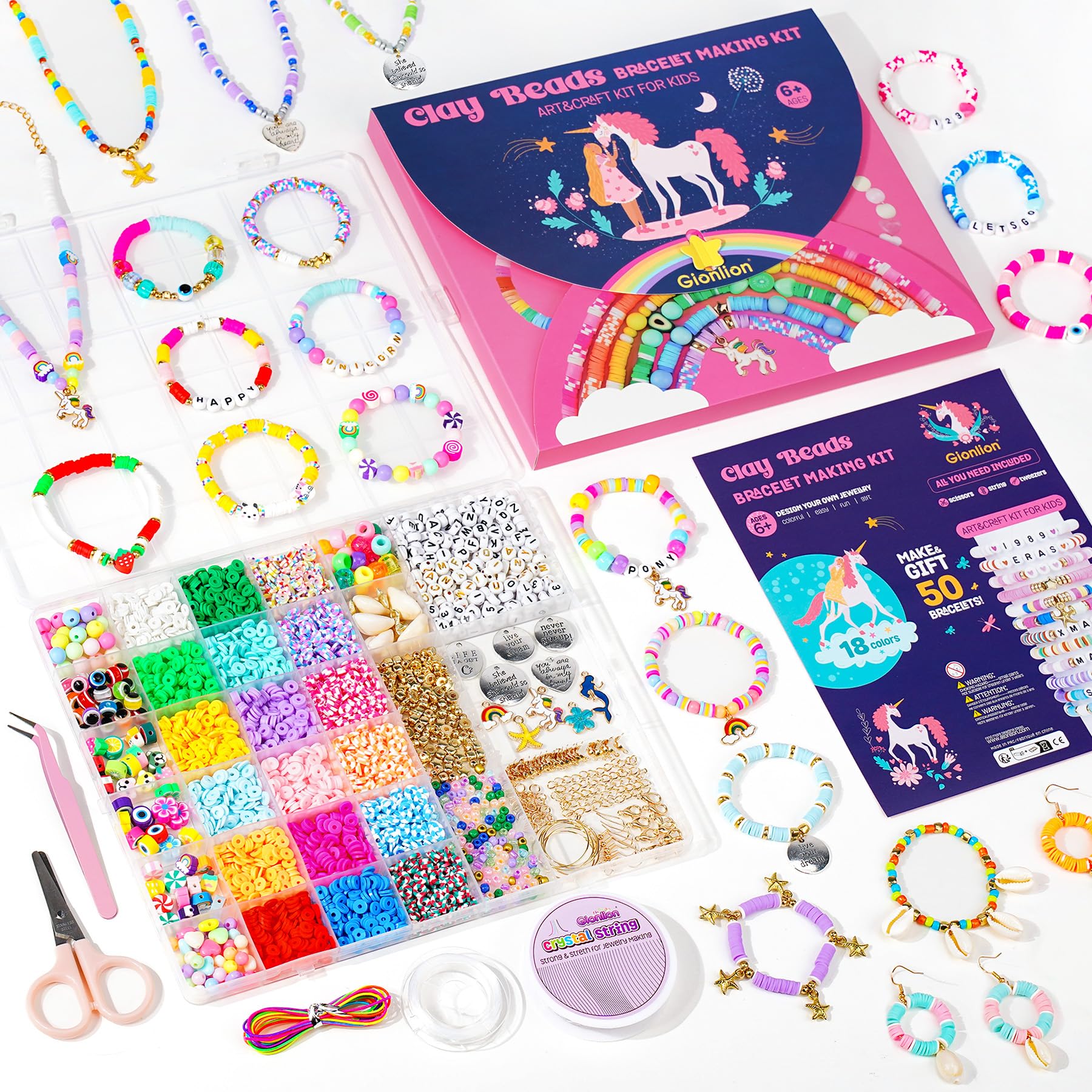 Gionlion DIY Bracelet Making Kit for Girls - Unicorn & Mermaid Charms Jewelry Supplies, Easter Basket Stuffers, Arts and Crafts Gift for Kids Age 6-13 - Perfect for Birthday Parties, Easter Gifts & Creative Playtime