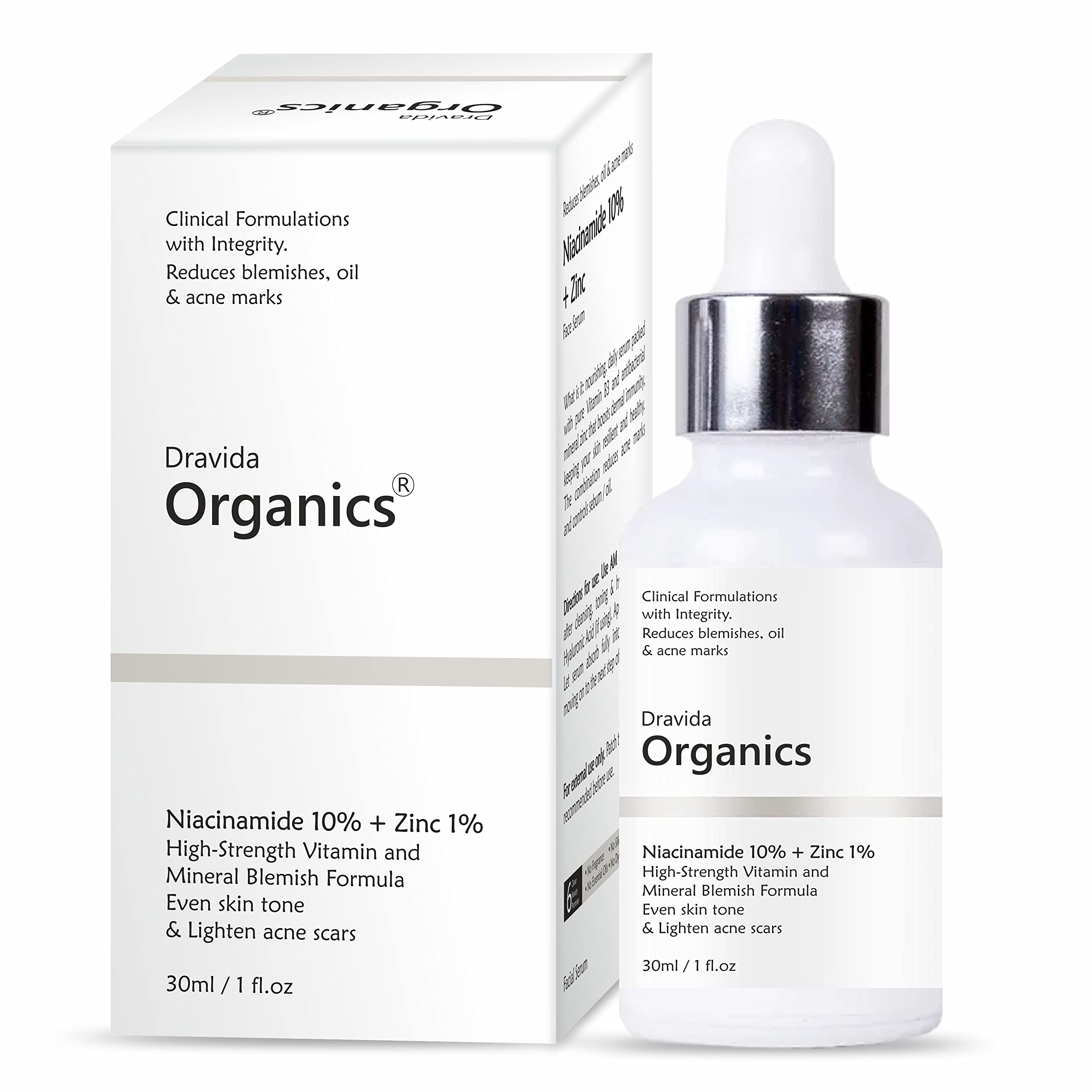 Dravida Organics 10% Niacinamide Face Serum for Acne Marks & Blemish-Prone Skin - Brightening & Oil Control Treatment for Men & Women - 30ml - Perfect for Daily Skincare & Acne Scar Reduction