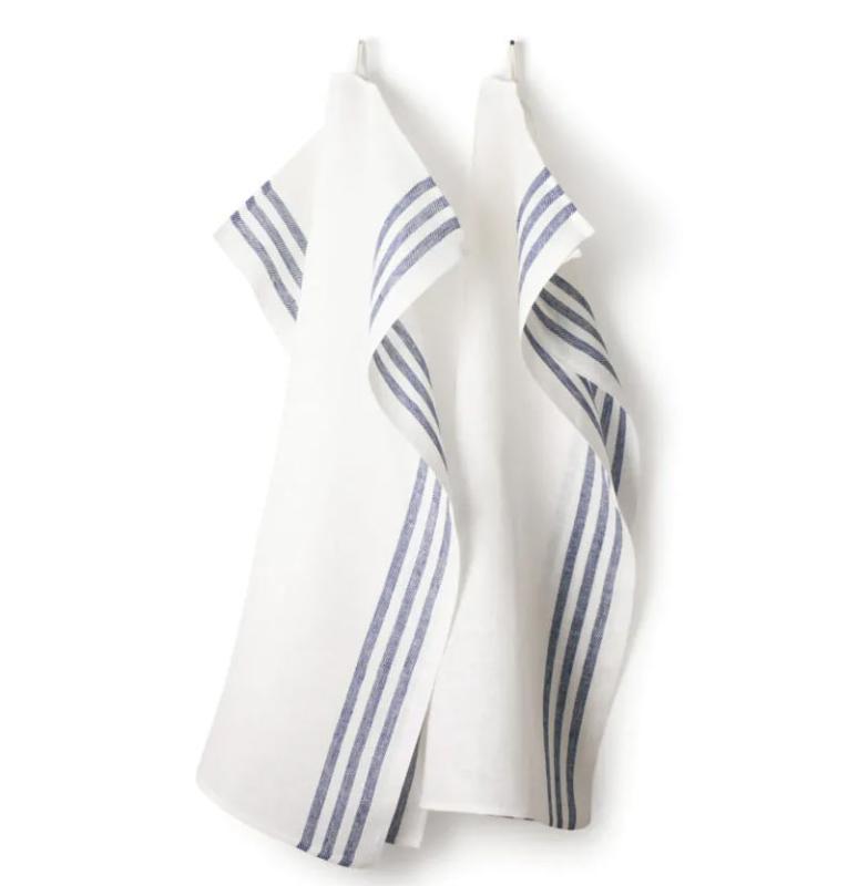 2-Pack Linen Kitchen Towels 50x70 cm - Light Beige/Navy Blue Striped - Absorbent & Quick-Drying for Cooking, Cleaning & Dish Drying