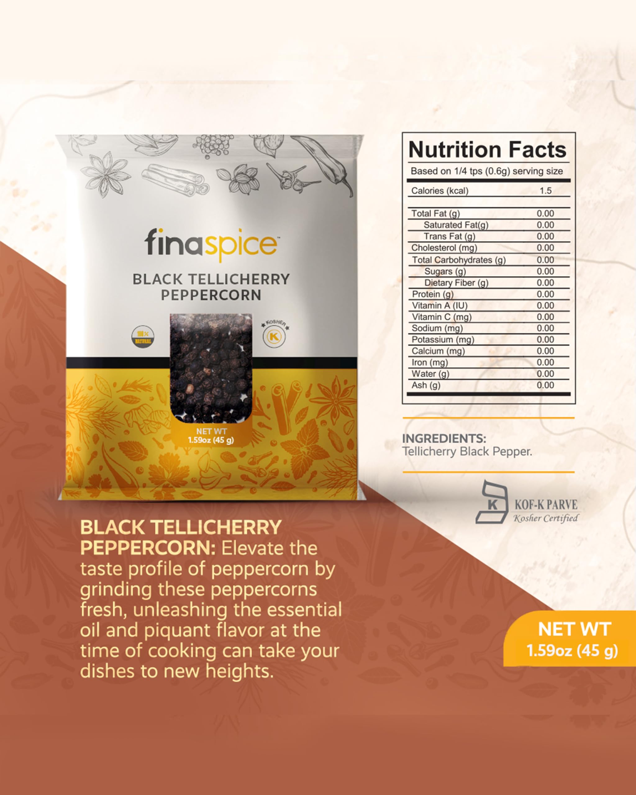 Premium Black Tellicherry Peppercorns - 100% Natural Kosher Grinder Refill for FinaSpice & PRO Plus Pod | Gourmet Cooking Spices for Steak, Pasta & Salad Seasoning