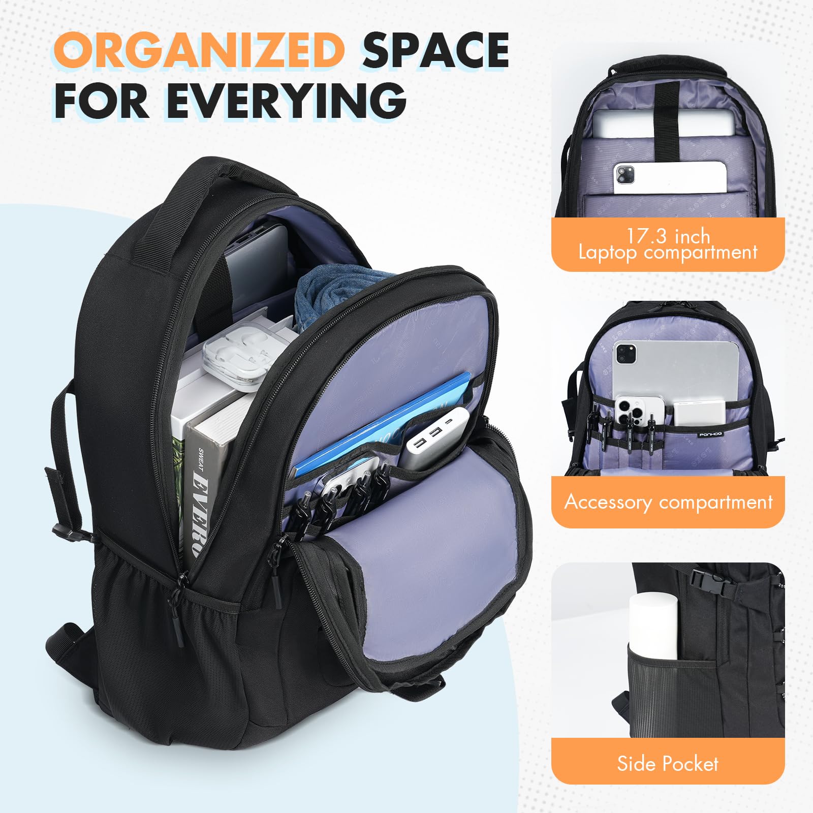 17.3 Inch Water Resistant Travel Laptop Backpack - Lightweight Carry On Computer Bag for Men & Women - Perfect for Hiking, College, Daily Commute & Business Trips (Black)