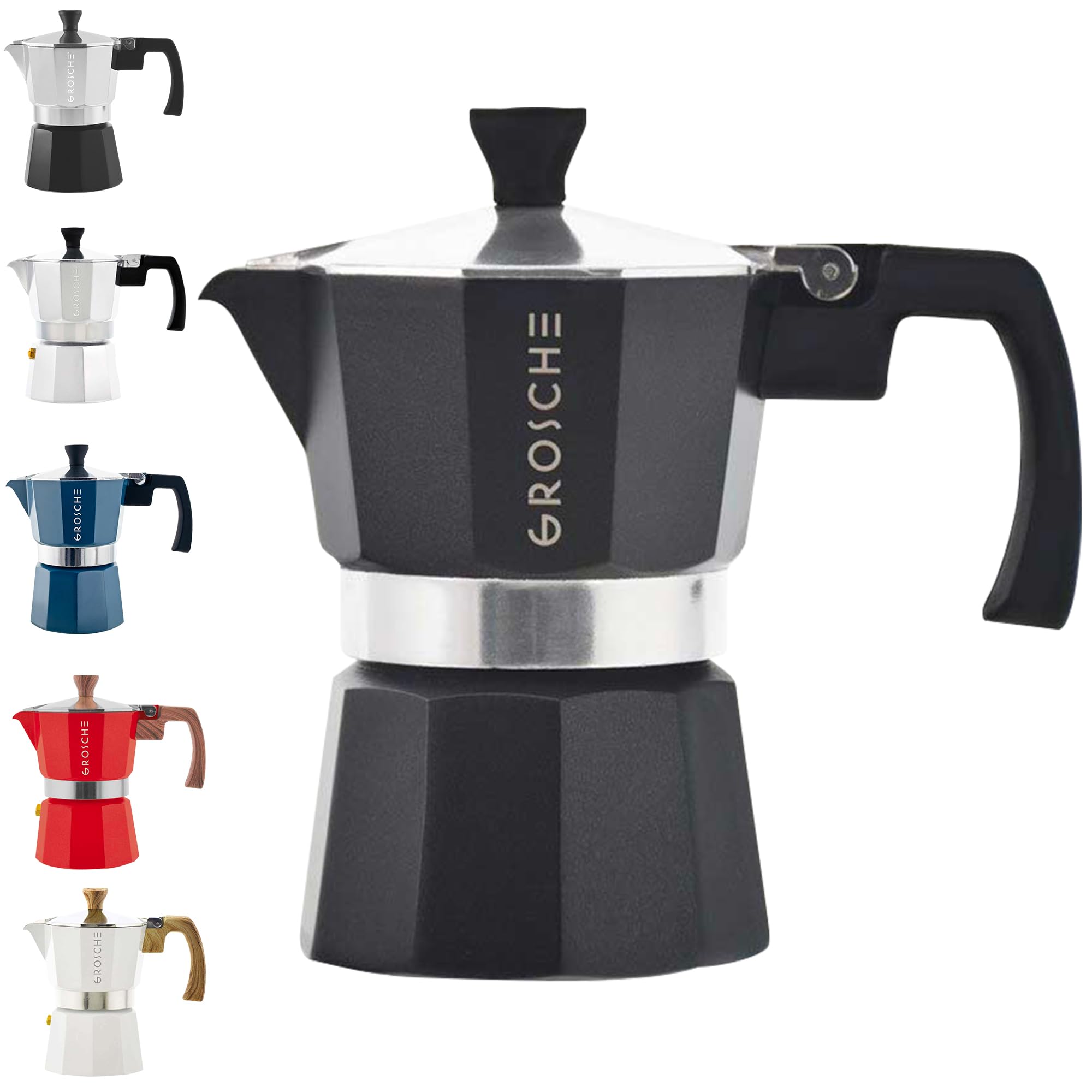 GROSCHE Milano Stovetop Espresso Maker - 3 Cup Moka Pot (5 oz) - Italian Coffee Maker for Cuban Coffee, Black - Perfect for Home, Camping & Gifts