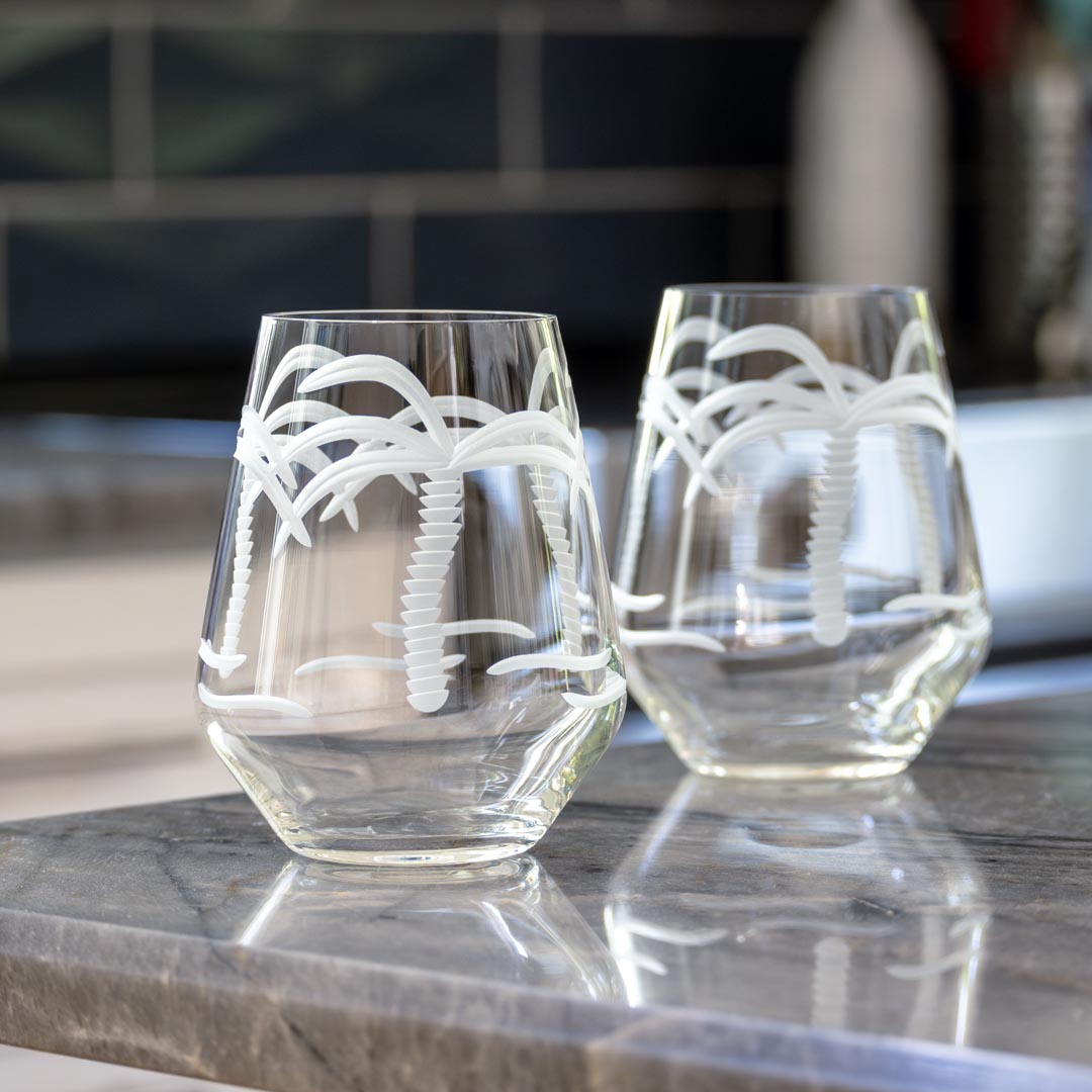 18oz Stemless Wine Tumbler Glass with Palm Tree Design - Set of 12 | Perfect for Beach Parties, Poolside Drinks & Summer Entertaining