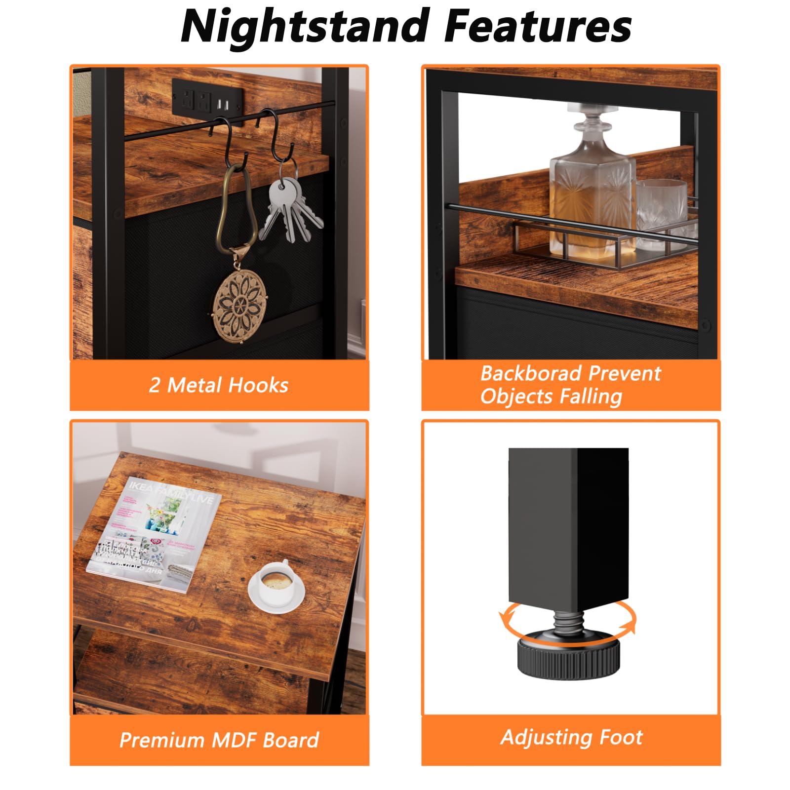 Furologee Nightstand Set of 2 - Rustic Brown Bedside Tables with Charging Station, USB Ports, 2 Fabric Drawers & Storage Shelf - Perfect for Bedroom, Living Room, or Guest Room - Ideal for Organizing Books, Lamps, and Charging Devices