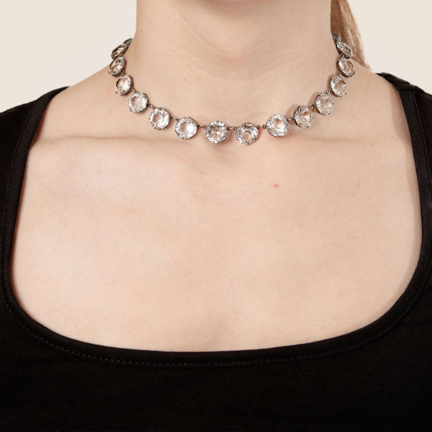 Art Deco Style Sterling Silver & Crystal Riviera Chain Necklace - 15 Inch Elegant Vintage Jewelry for Women, Perfect for Parties, Weddings & Special Occasions