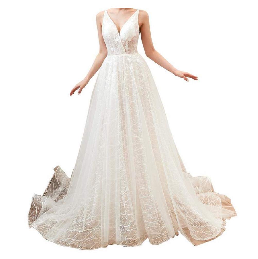 Elegant Lace V-Neck Sleeveless Tulle Wedding Dress for Bride – Perfect for Church Ceremonies, Beach Weddings, and Romantic Outdoor Receptions