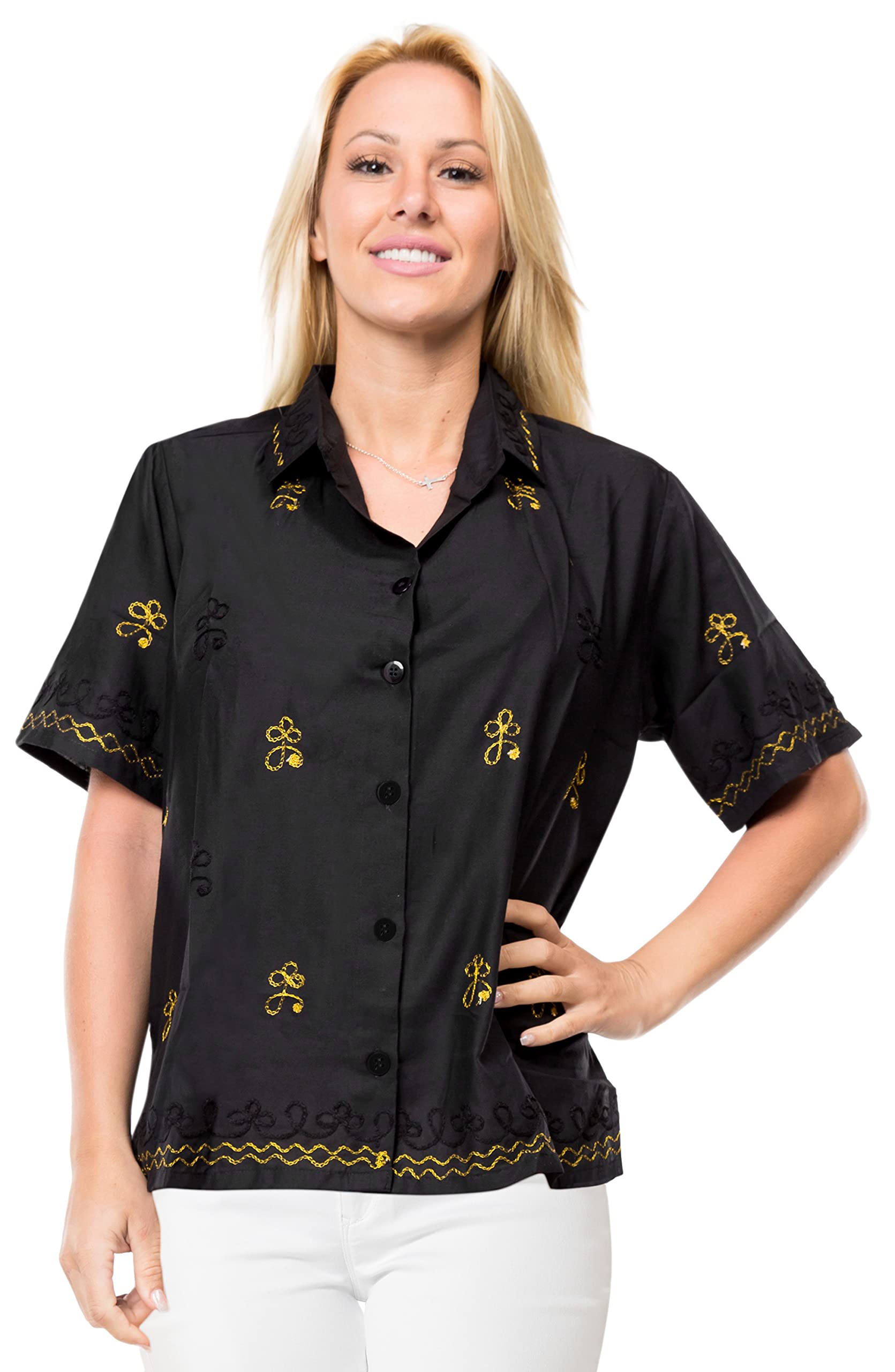 LA LEELA Women's Hawaiian Shirt - Floral Beach Short Sleeve Blouse for Summer Vacation, Pool Party & Tropical Getaway