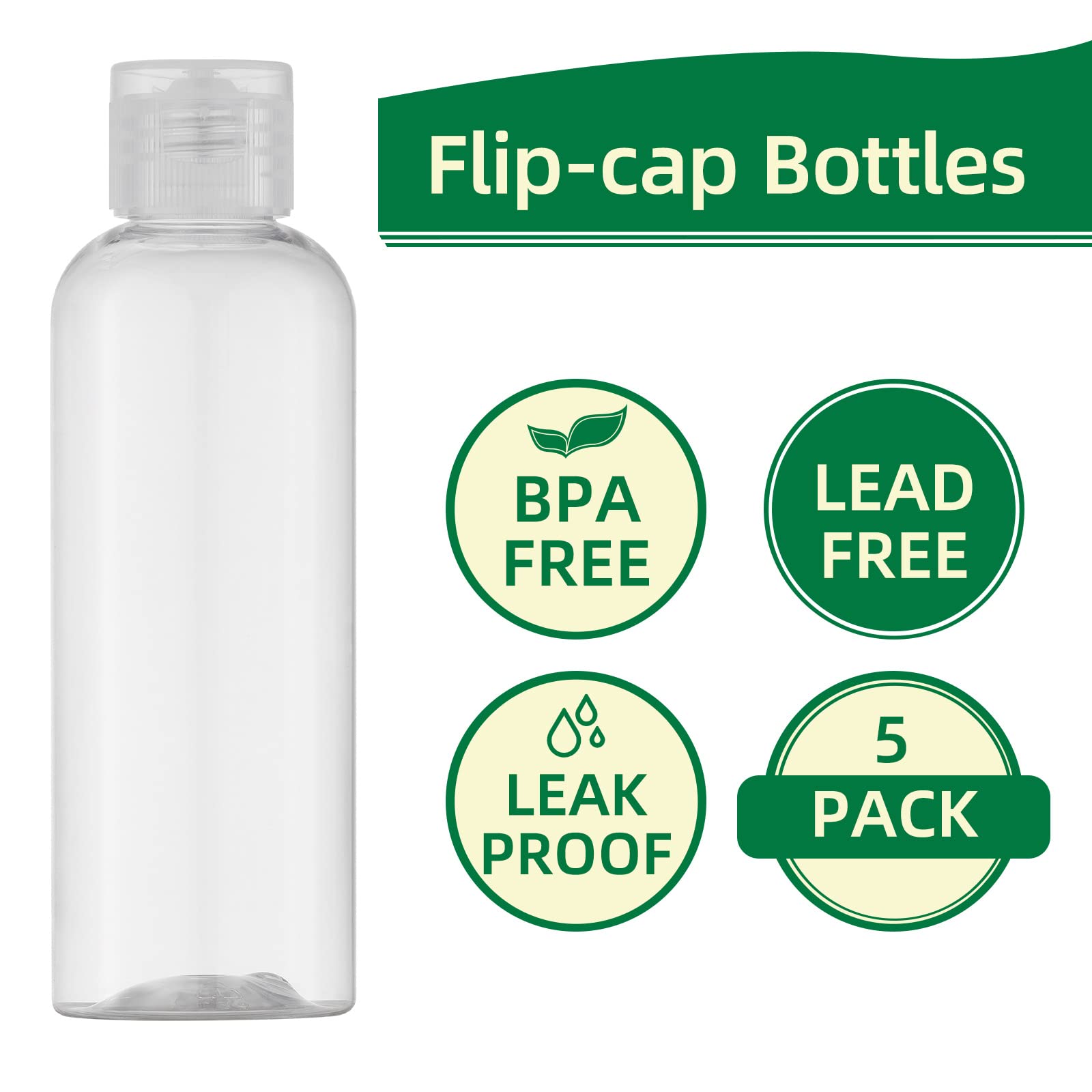 LISAPACK 3.4oz (100ml) Travel Bottles for Toiletries - 5 Pack Clear Leak Proof Shampoo Containers | Perfect for Airplane Carry On, Gym, Camping & Vacation Essentials