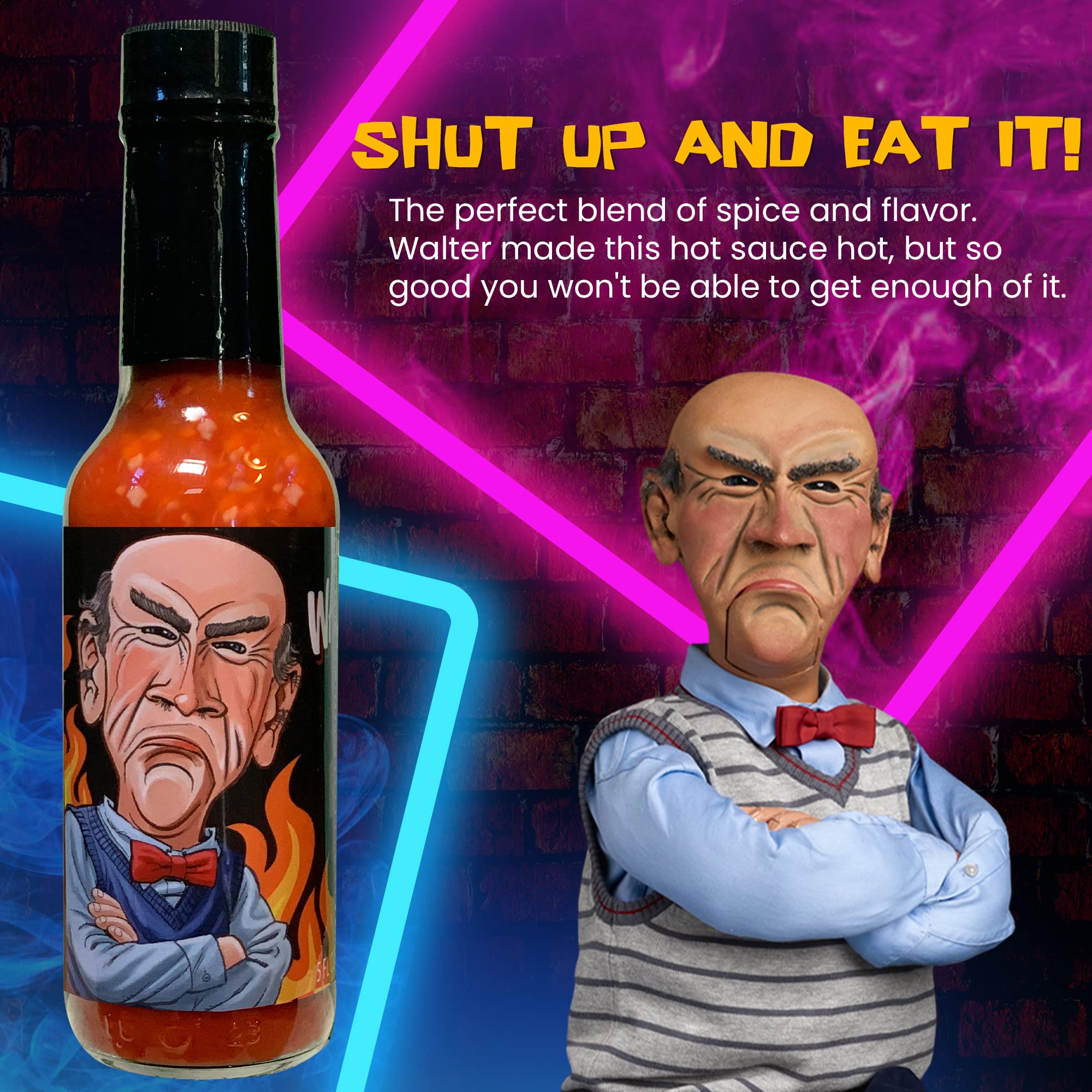Jeff Dunham's Walter's Garlic & Habanero Hot Sauce - Bold & Spicy 5oz Bottle with Perfect Garlic Infusion | Great for Tacos, Wings, Burgers & BBQ | Shut the Hell Up (and Eat It) Hot Sauce Gift for Spicy Food Lovers