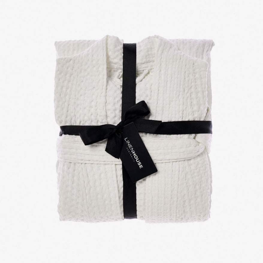 Linen House Keaton White Waffle Bathrobe - Soft & Luxurious Cotton Terry Robe for Women & Men - Perfect for Spa, Hotel, and Home Relaxation