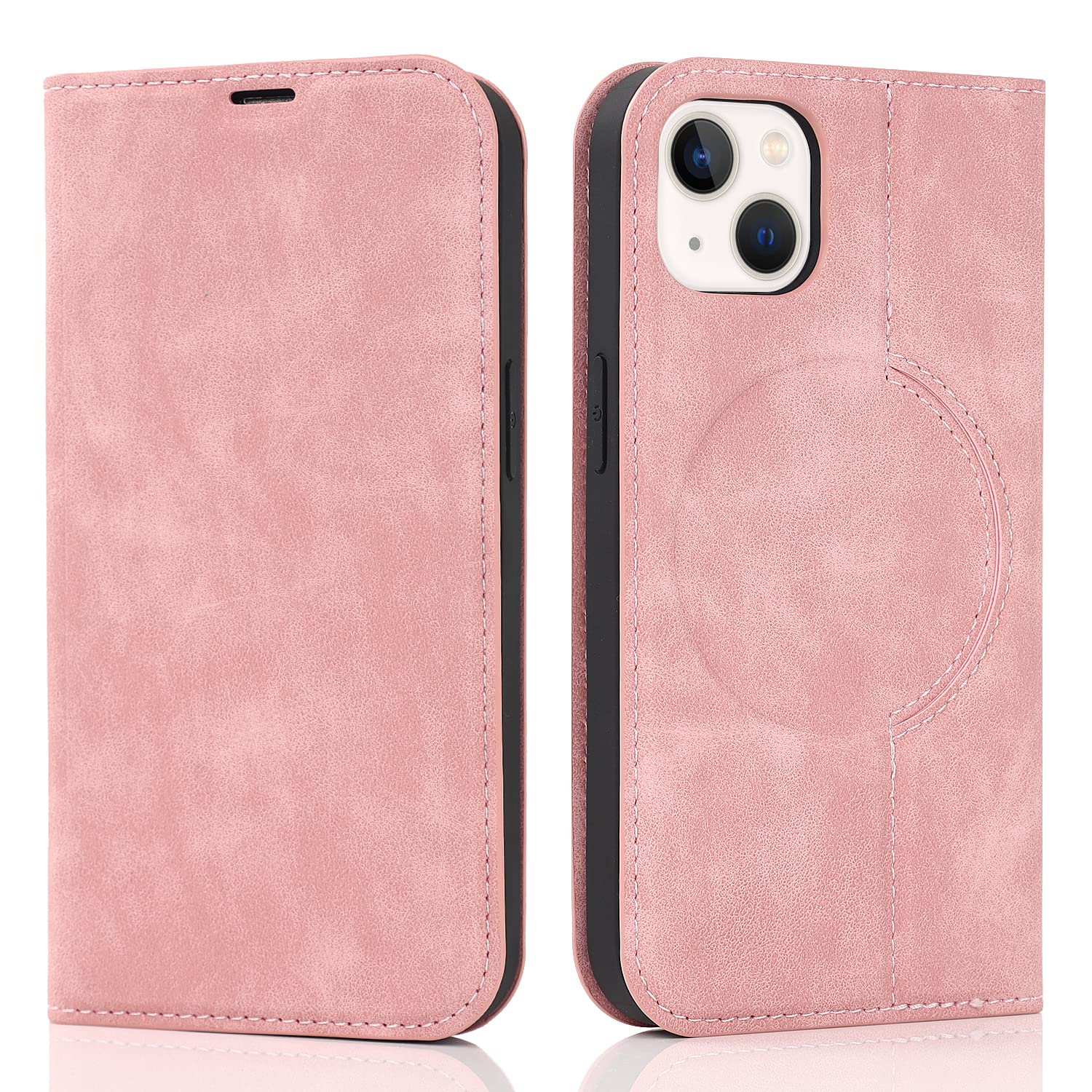 QLTYPRI Magnetic Wallet Case for iPhone 13/14 - Magsafe Compatible RFID Blocking PU Leather Flip Cover with Card Slots & Kickstand | Shockproof Protective Phone Case in Rose Gold | Perfect for Travel, Work & Everyday Use