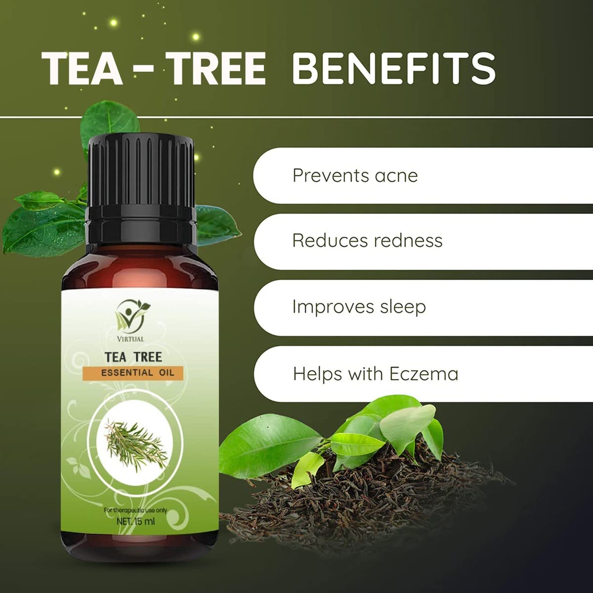VIRTUAL 100% Pure Tea Tree Essential Oil for Acne Treatment, Pimple & Scar Removal, Skin & Hair Care - 15ml | Natural Anti-Dandruff Solution for Face & Scalp | Perfect for Aromatherapy, DIY Beauty Products & Home Remedies