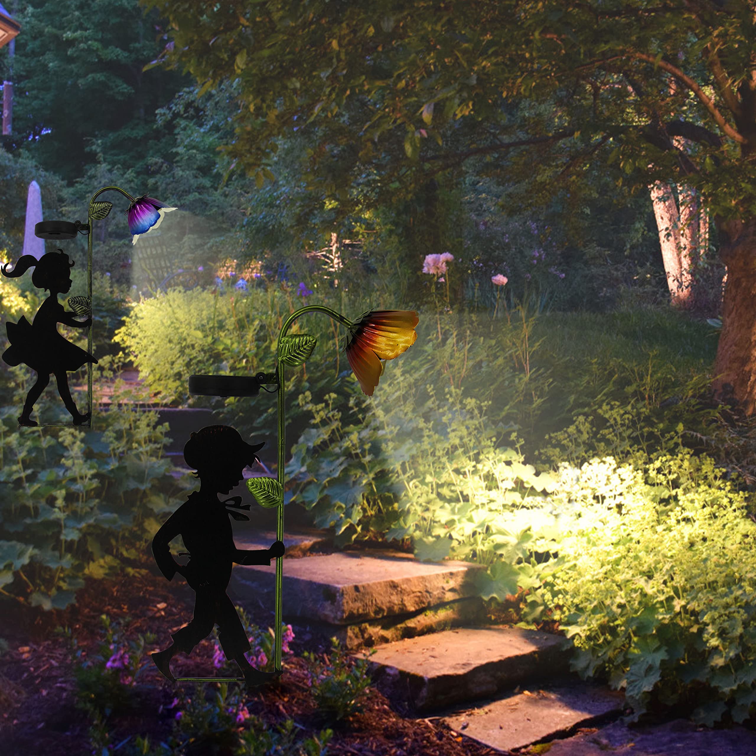Solar Powered Garden Lights 2 Pack - LED Landscape Lighting with Boy & Girl Silhouettes, Metal Outdoor Decor for Garden, Yard, Pathway, Patio & Driveway | Perfect for Romantic Backyard Ambiance, Wedding Decorations & Holiday Lighting