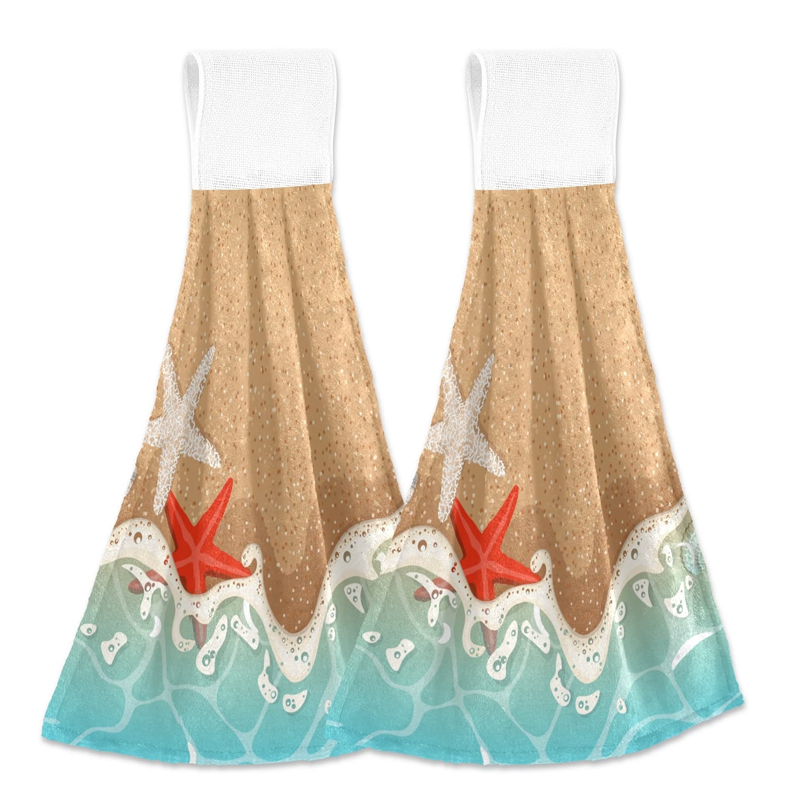 2-Pack Fast-Drying Absorbent Soft Kitchen Hand Towels - Sandy Beach Sea Wave Starfish Shells Design for Home Kitchen & Bathroom Decor | Perfect for Drying Dishes, Cleaning Countertops, and Adding Coastal Style