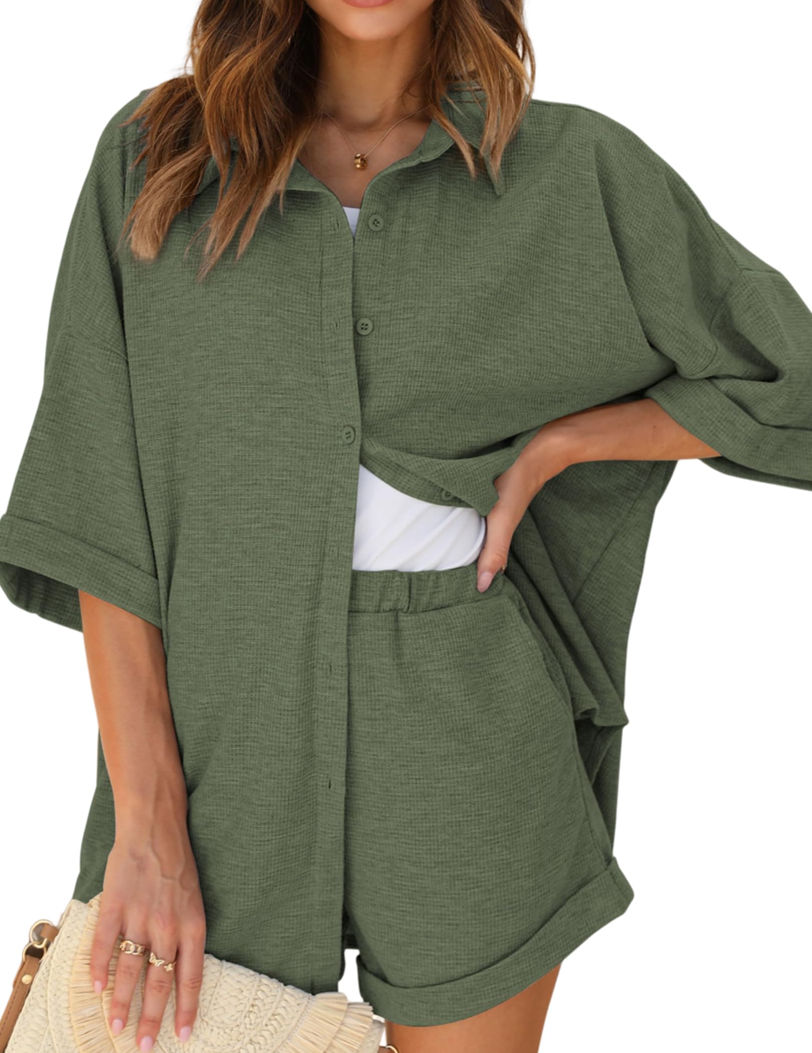 Ekouaer Women's Waffle Knit Lounge Set - Short Sleeve Button Down Pajama Set with Oversized Shorts | Cozy Loungewear for Home, Sleep & Relaxation