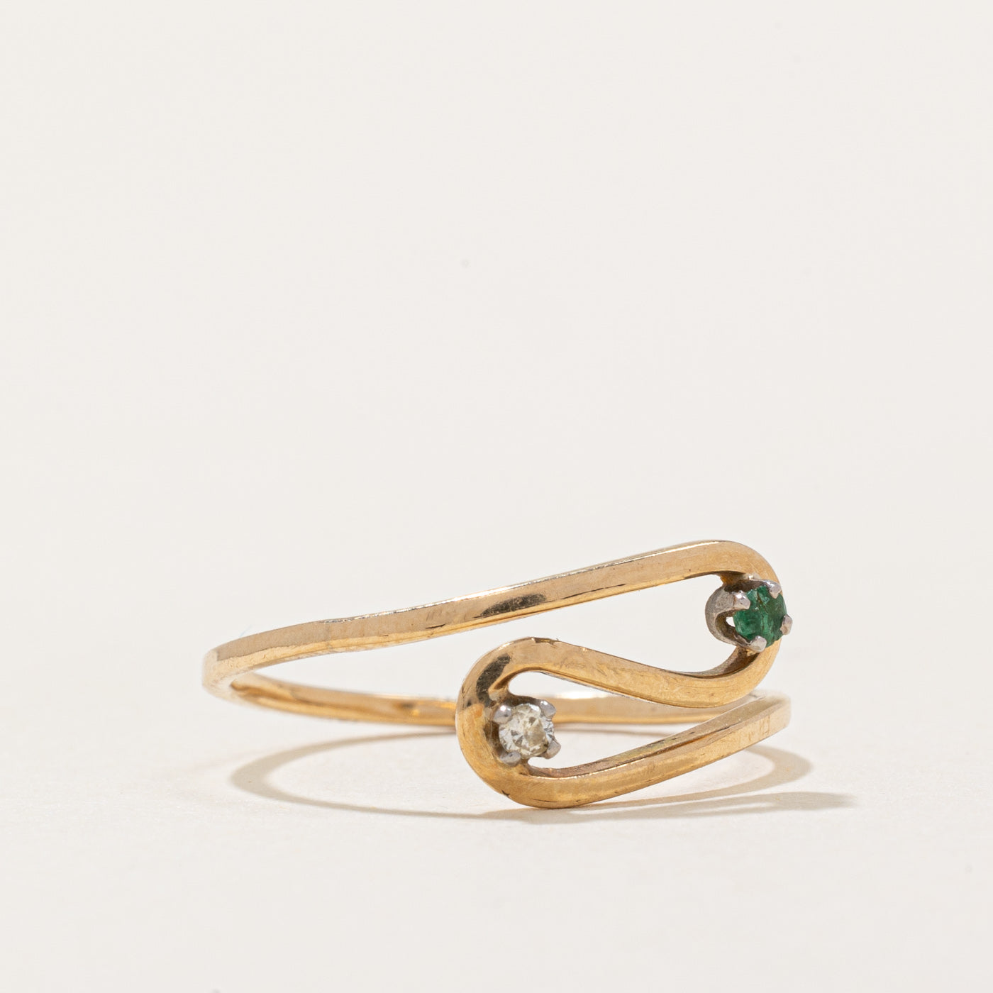 Emerald and Diamond Bypass Ring - 0.015ct & 0.014ct Natural Gemstones - Size 5 - Elegant Wedding Band, Anniversary Gift for Her, Perfect for Bridal Jewelry and Special Occasions