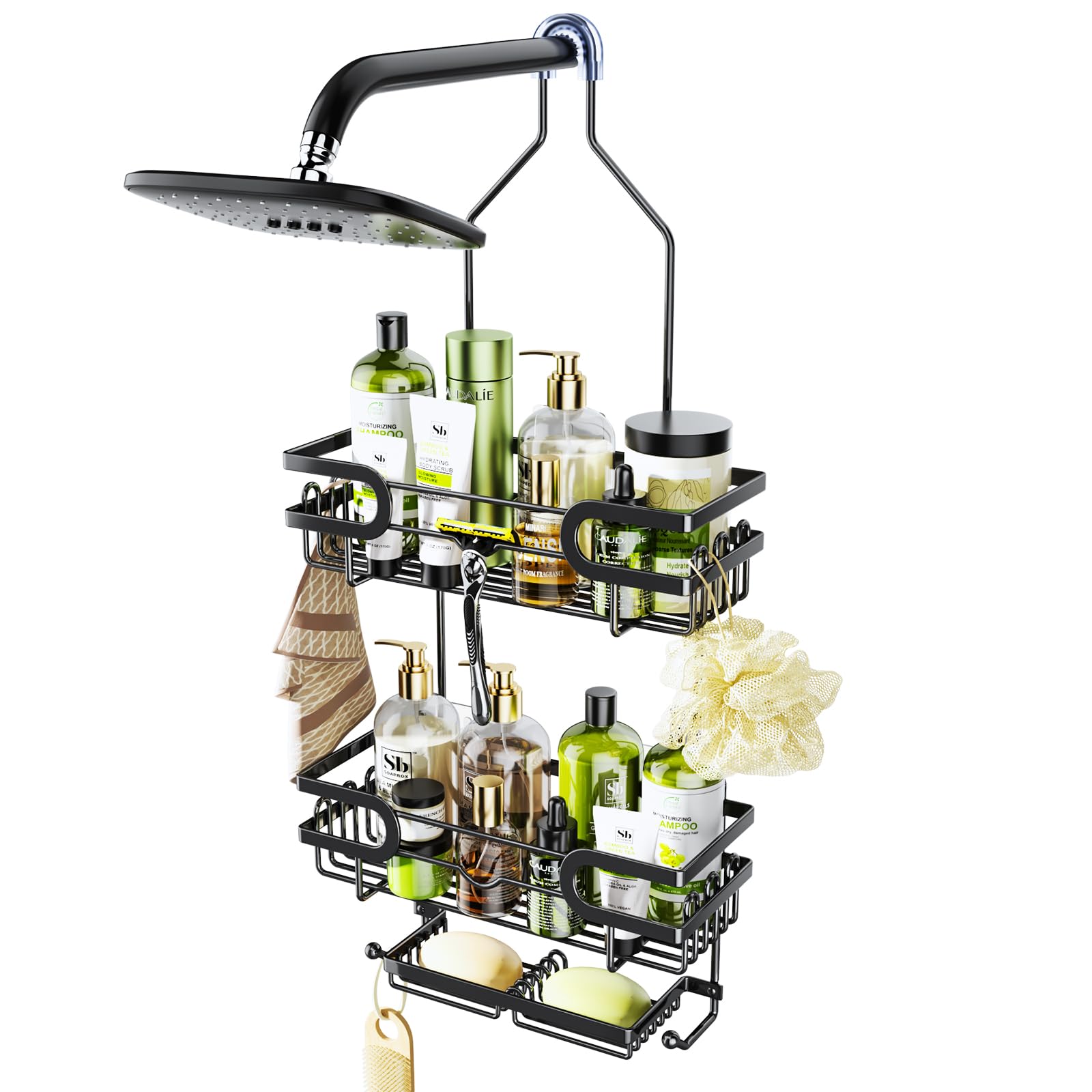 Rustproof Waterproof Hanging Shower Caddy - 12 Hooks & 2 Soap Holders No Drill Bathroom Organizer - Black | Space Saving Shower Storage for Small Bathrooms & Dorm Showers