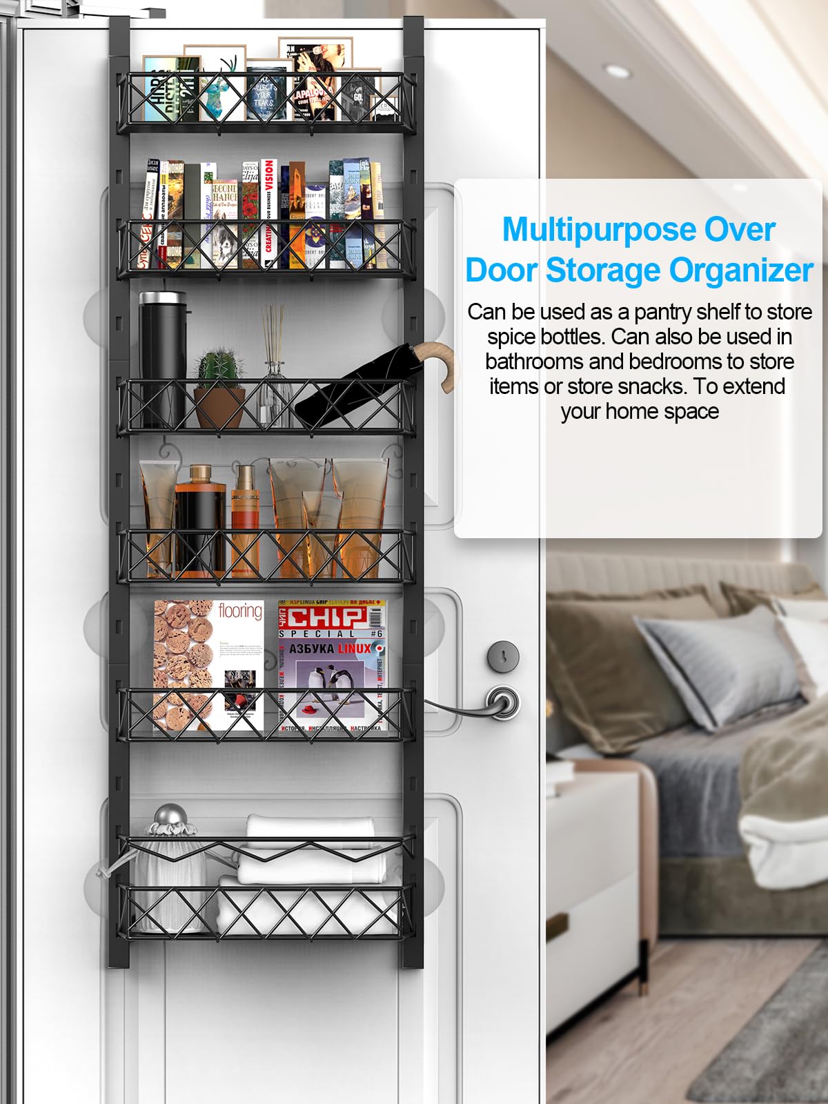 6-Tier Over the Door Pantry Organizer - Adjustable Metal Hanging Spice Rack & Storage Baskets for Kitchen, Bathroom, Closet - Space Saving Behind the Door Organizer for Spices, Snacks, Toiletries & More