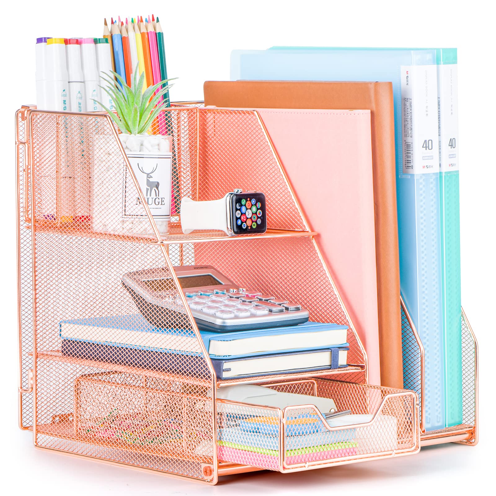 Rose Gold Desk Organizer Set with Sliding Drawer, Double Tray & Pen Holder - Stylish Office Supplies for Home, School & Workspace | Perfect for Organizing Files, Stationery & Desk Accessories