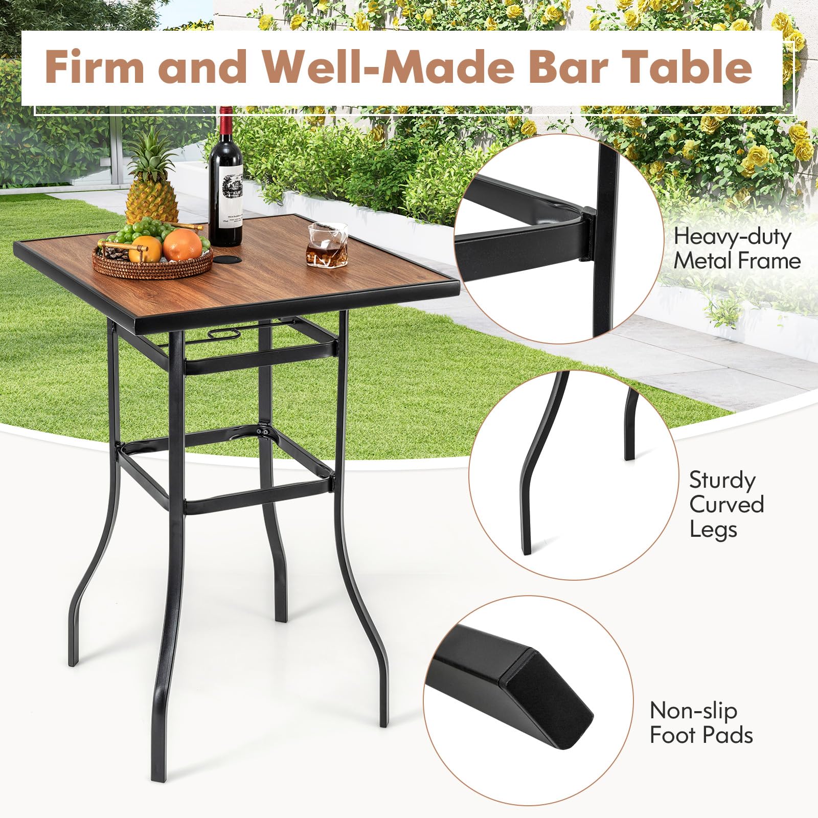 Tangkula 27.5 Inch Outdoor Bar Table - Square Patio High Top Table with 1.5