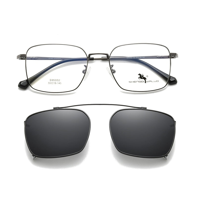 Bclear Men's Full Rim Square Alloy Frame Eyeglasses with Clip-On Polarized Sunglasses - ZT95002 | Stylish Prescription Glasses & UV Protection Sunglasses for Driving, Outdoor Activities & Everyday Wear