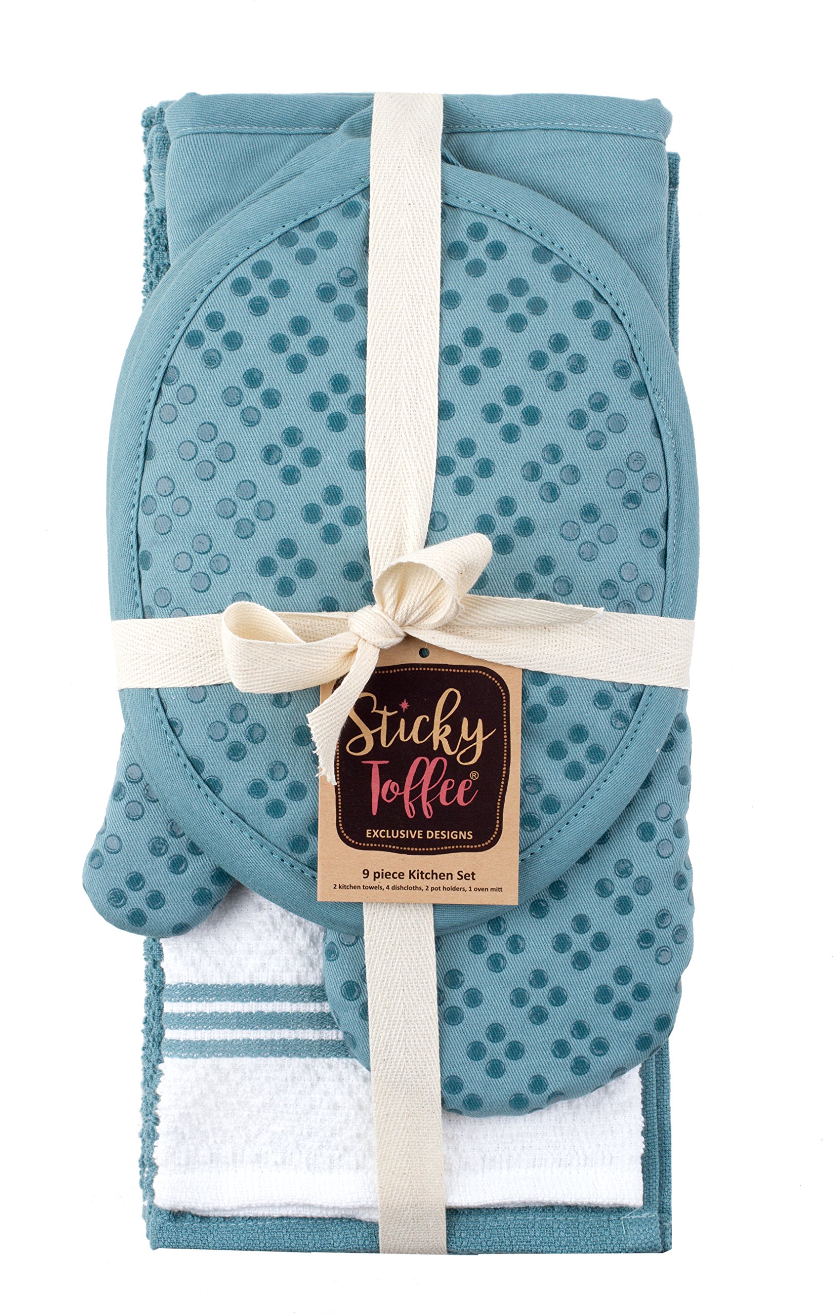 Premium 9-Piece Kitchen Towel Set - 100% Cotton Oeko-Tex Certified Dishcloths, Oven Mitts & Pot Holders with Non-Slip Silicone Grip - Blue - Perfect for Cooking, Baking & Kitchen Cleaning Tasks