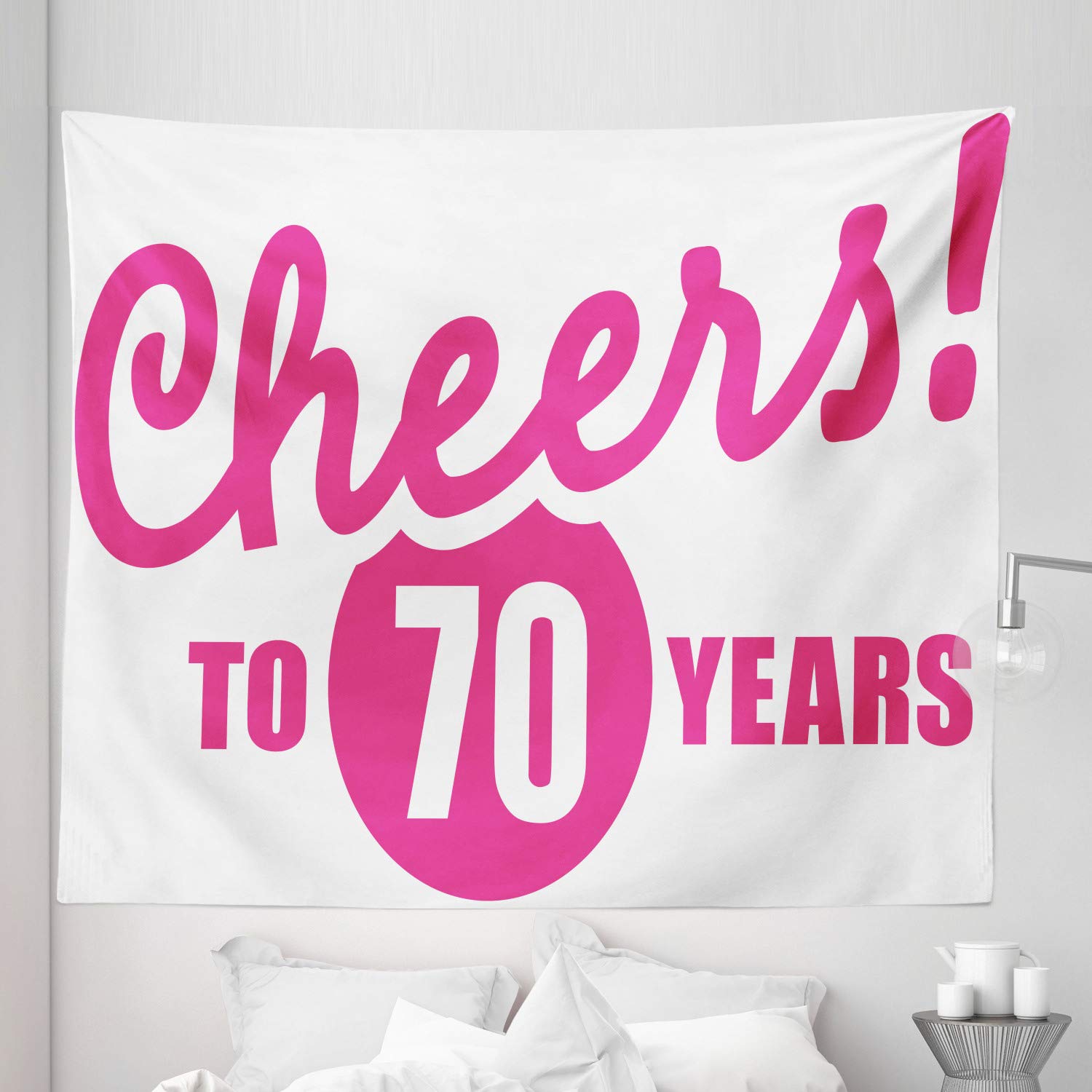 Ambesonne 70th Birthday Tapestry King Size - Cheers to 70 Years Calligraphy Wall Hanging for Bedroom Decor, Bedspread & Wall Art (104
