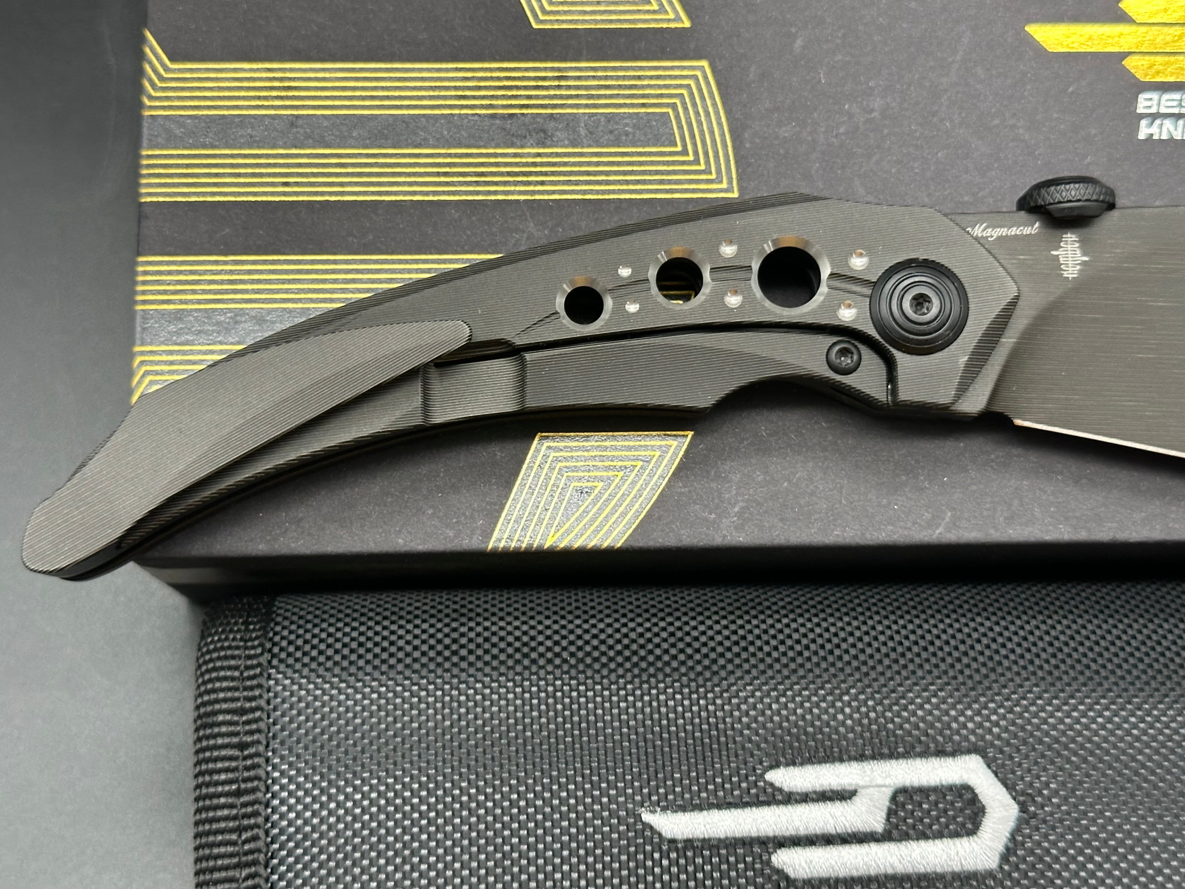 BESTECH RAZON Folding Knife - Black Titanium Handle, MagnaCut Steel Blade with Black PVD/Lasering Line Coating - EDC Pocket Knife for Camping, Hiking & Outdoor Survival
