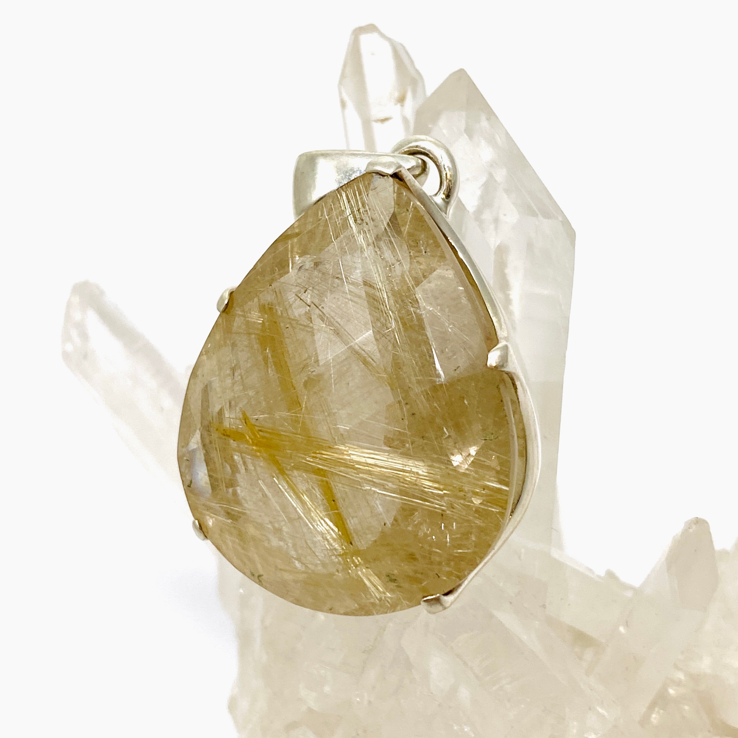 Golden Rutile Quartz Teardrop Faceted Pendant Necklace - Checkerboard Cut Gemstone Jewelry for Women - Perfect for Elegant Evening Wear & Boho Fashion
