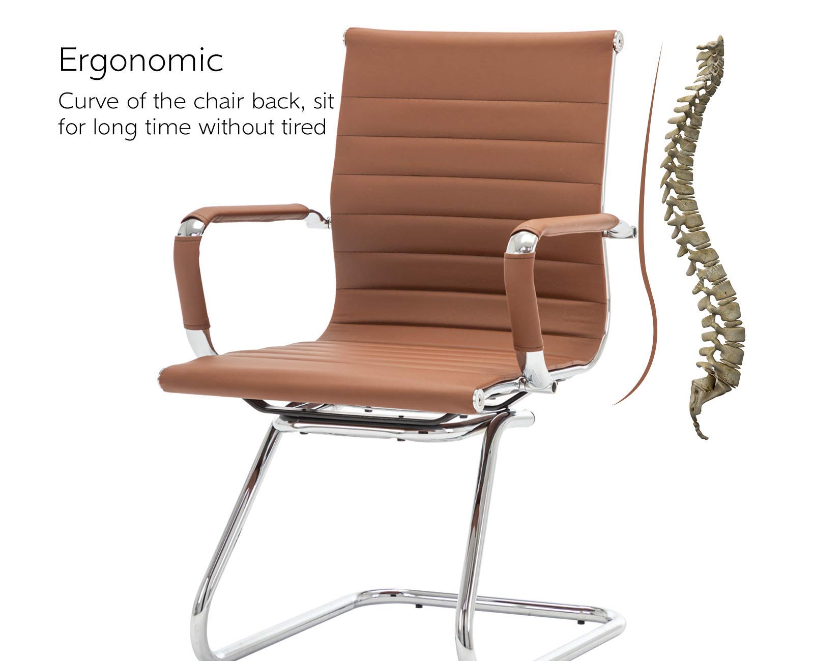 Guyou 4-Piece Office Reception Guest Chairs Set - Mid Back PU Leather Conference Chairs with Arms & Metal Sled Base (Coffee) - Perfect for Waiting Rooms, Lobbies, and Business Meetings