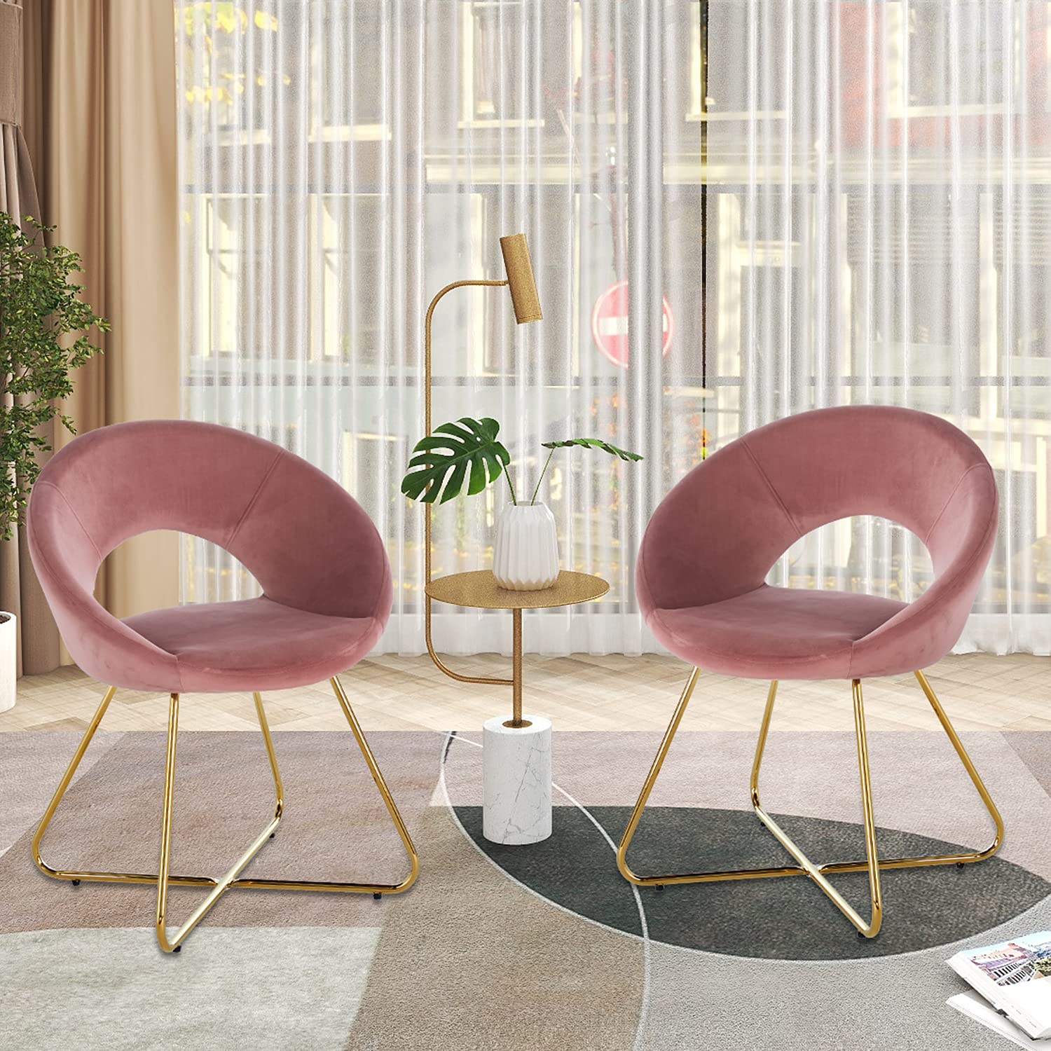 Modern Velvet Accent Chairs Set of 2 - Mid Century Upholstered Armchairs with Golden Legs for Living Room, Dining Room & Lounge (Pink) | Comfortable Leisure Seating for Home Decor & Entertaining