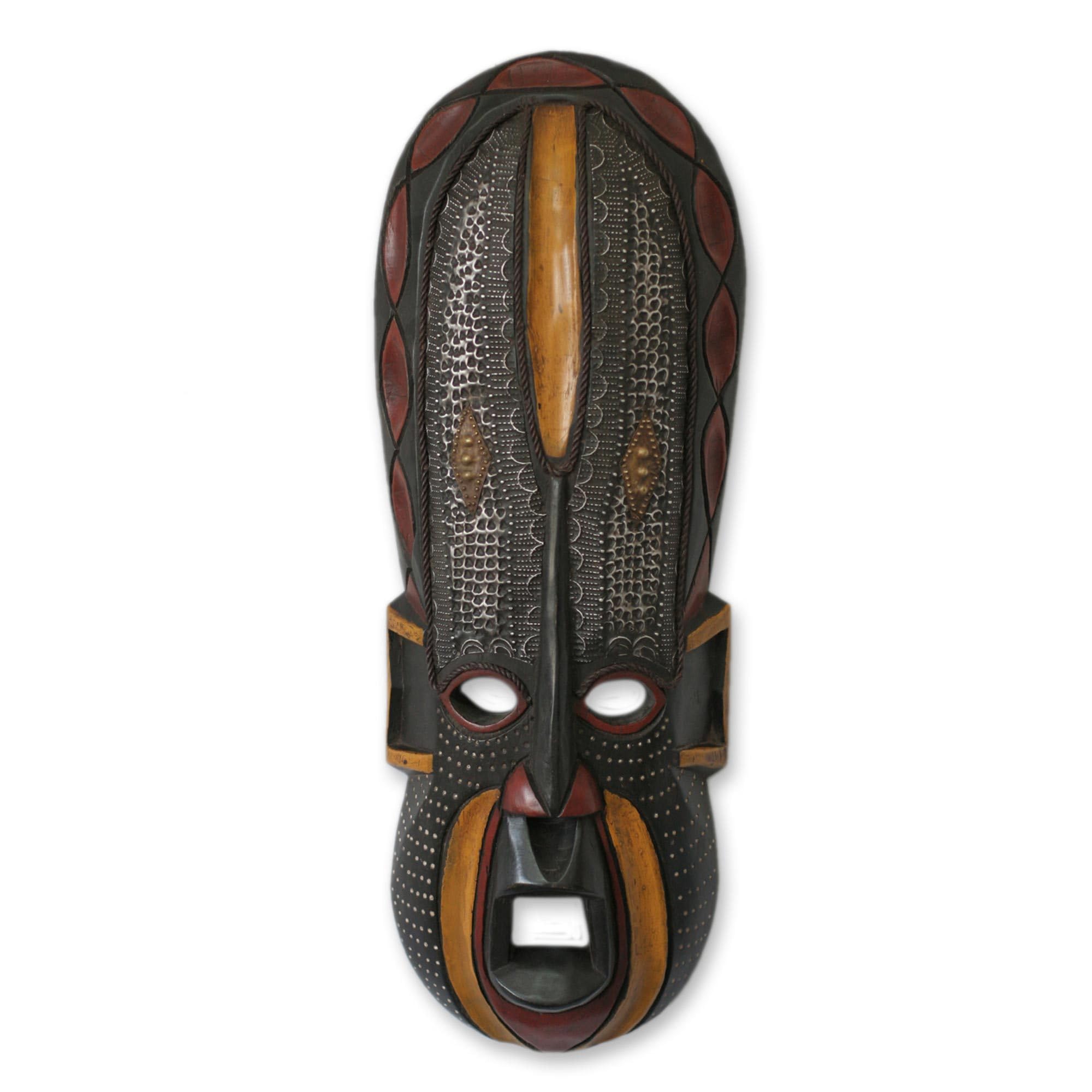 NOVICA Handcrafted Ghanaian Wood and Aluminum Decorative Mask - Black 'Akan Beauty' African Wall Art for Home Decor, Living Room, Office & Gifts