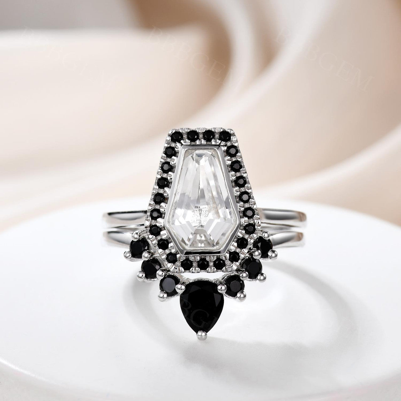 14K White Gold Coffin Cut White Topaz & Black Diamond Gothic Engagement Ring Set (2-Piece) – Perfect for Dark Romance Weddings, Gothic Proposals, and Alternative Jewelry Lovers