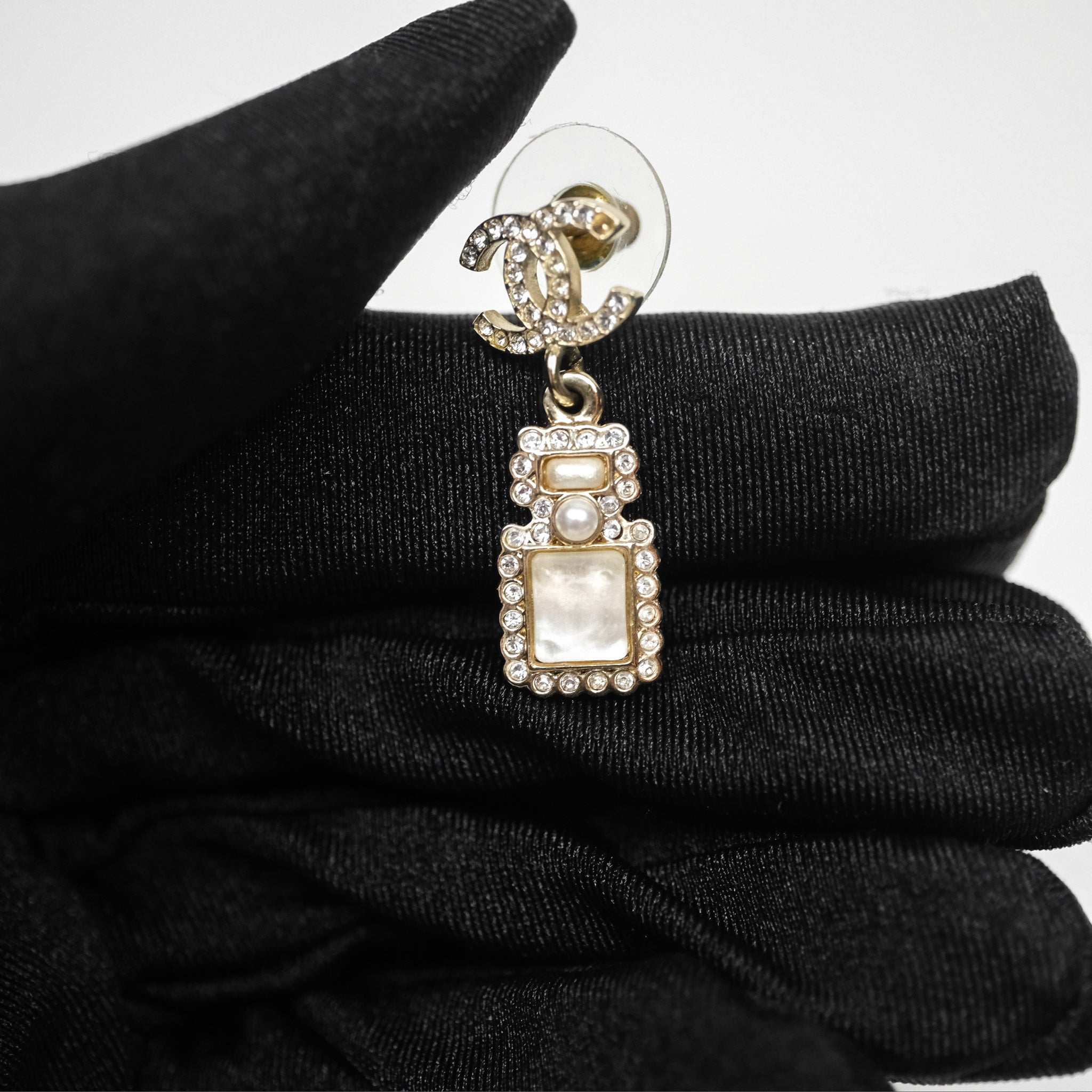Chanel CC Crystal Perfume Bottle Earrings - 21K Gold Tone Fashion Jewelry for Women | Perfect Gift for Birthday, Anniversary & Special Occasions