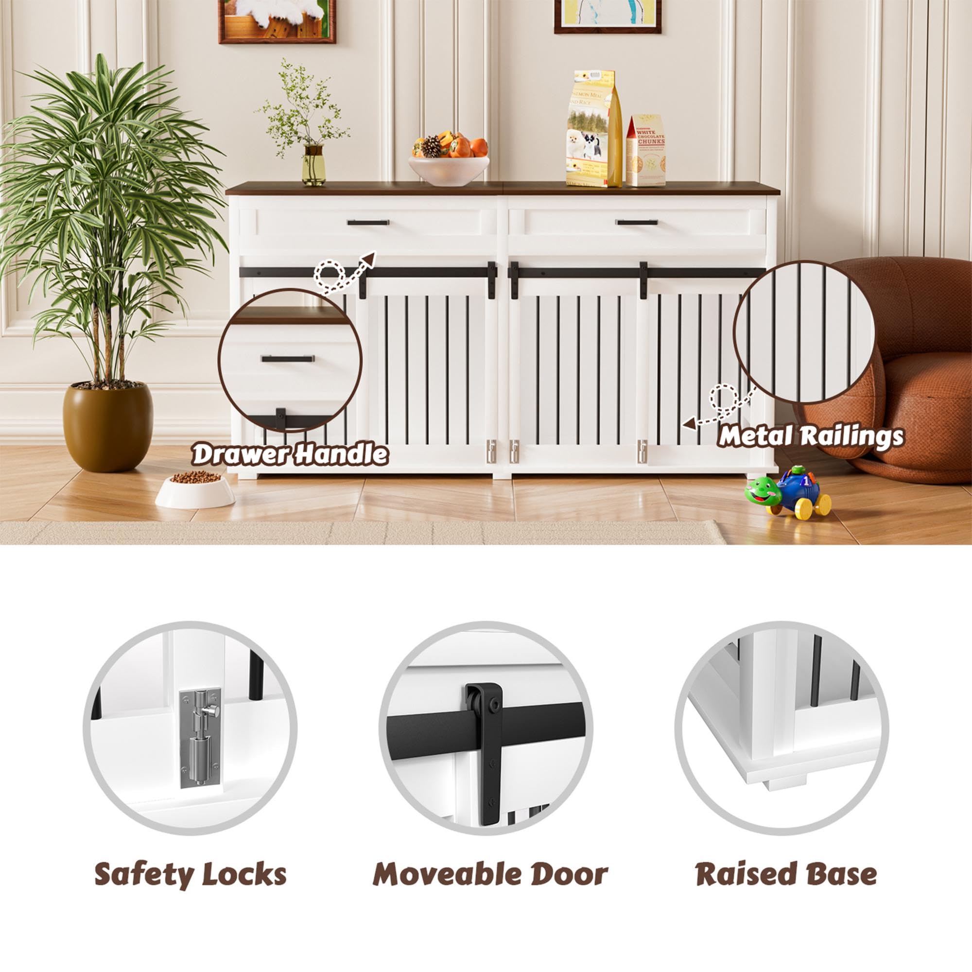 MUPATER Large Dog Crate Furniture for 2 Dogs - Double Wooden Dog Cage Table with Removable Divider, 2 Storage Drawers & Safety Locks | Indoor Pet Kennel Furniture for Living Room, Bedroom & Office (White)