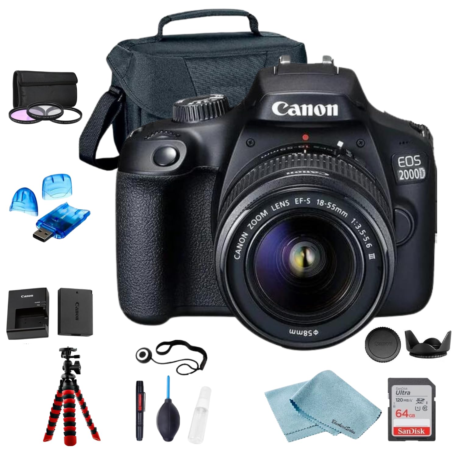 Canon EOS Rebel 2000D (Rebel T7) DSLR Camera Bundle with EF-S 18-55mm Lens, 64GB Memory Card, Case & Accessories Kit - Perfect for Travel Photography, Vlogging & Beginner Photographers