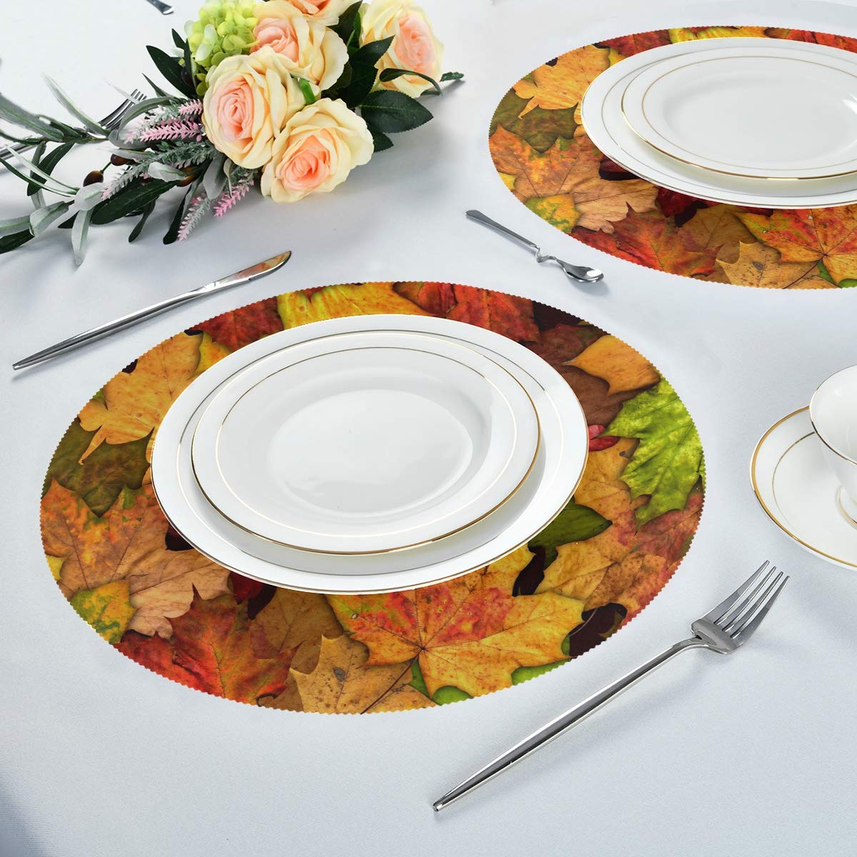 4-Pack Autumn Leaves Round Placemats - 15 Inch Fall Table Mats with Maple Leaf, Sunflower & Pumpkin Design for Kitchen, Dining Table, Dinner, Kids Holiday Party - Perfect for Thanksgiving, Halloween Decor & Seasonal Home Decorating