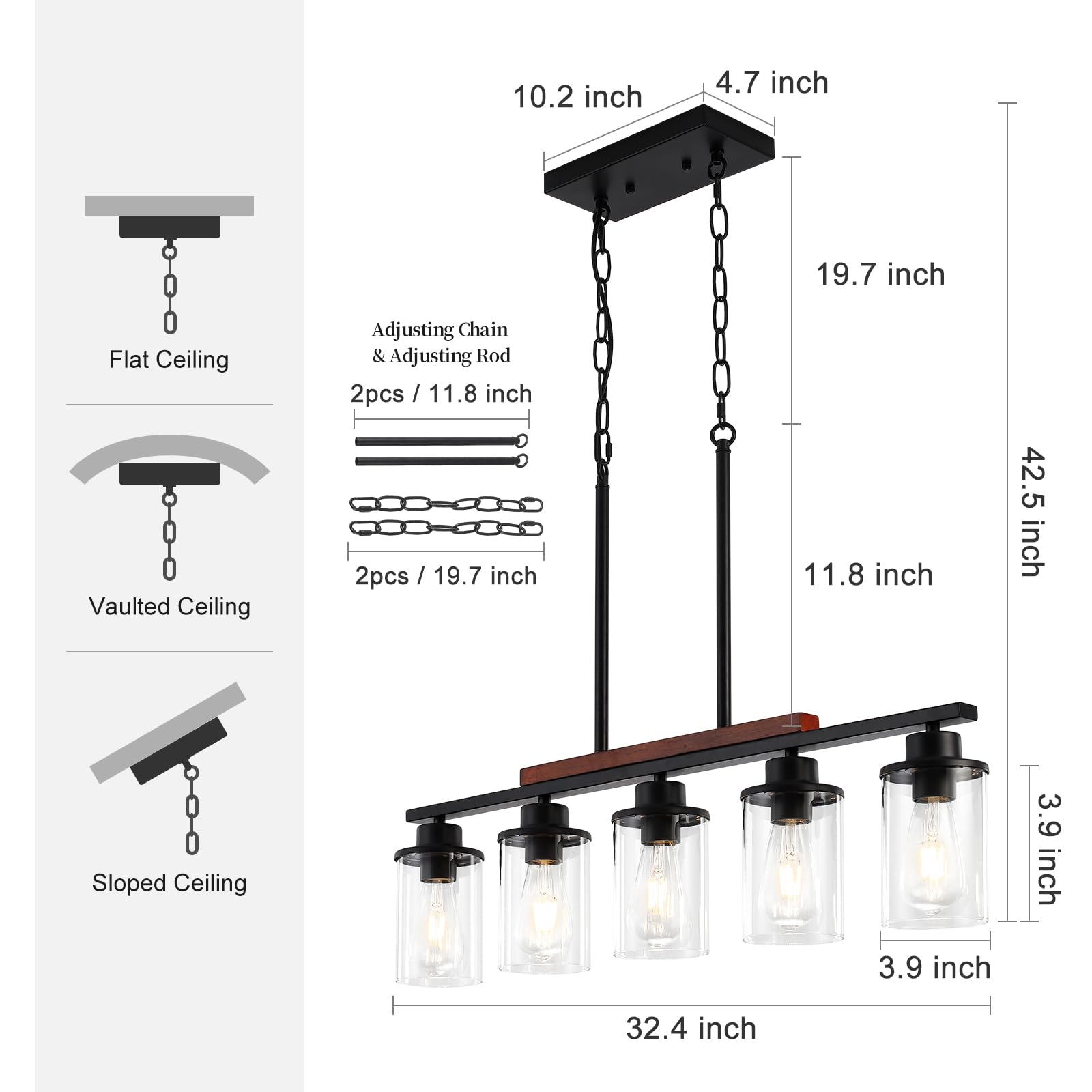 5-Light Black Farmhouse Chandeliers with Clear Glass Shade and Wood - Linear Ceiling Pendant Light Fixtures for Dining Room and Kitchen Island Lighting, Perfect for Modern and Rustic Home Decor