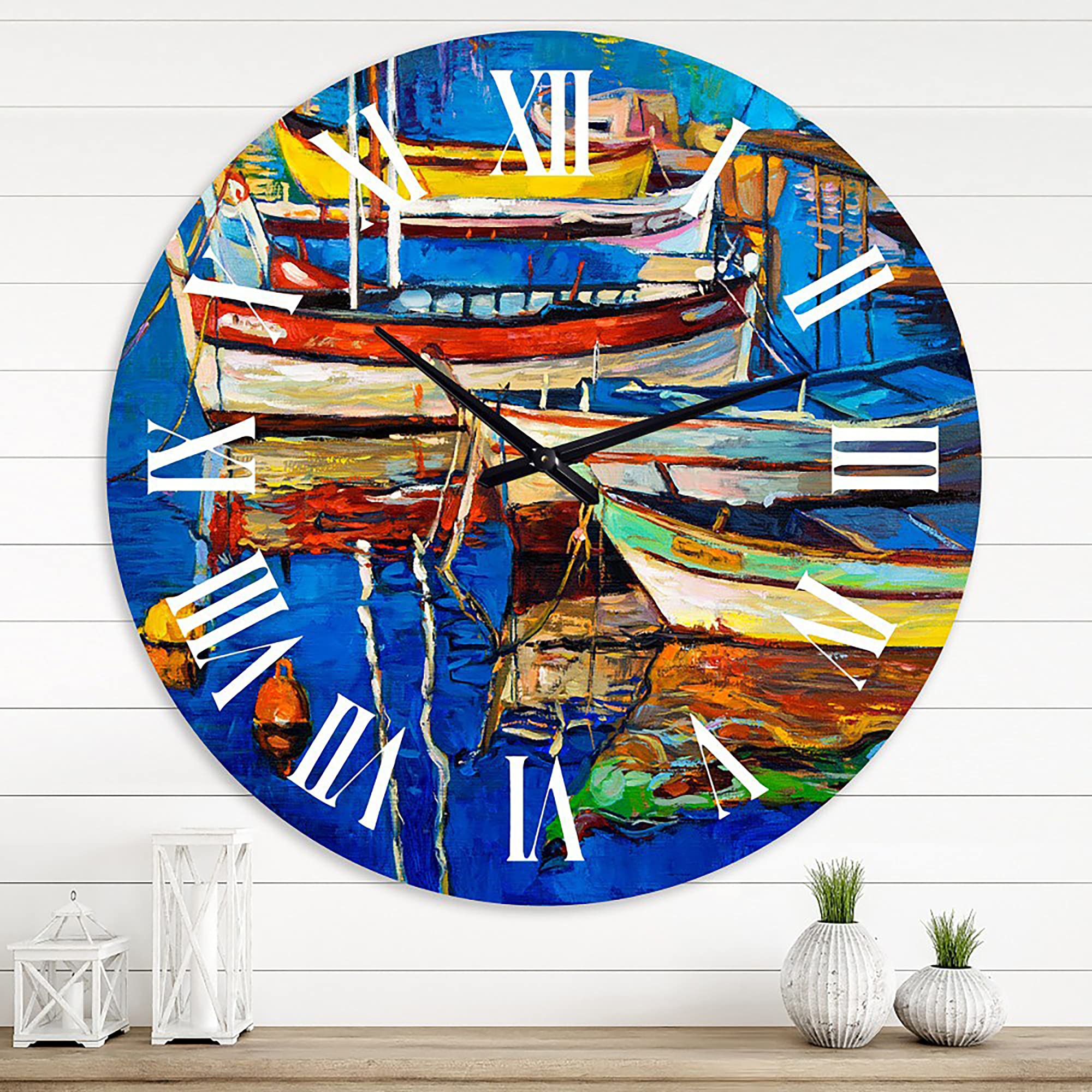 Coastal Wall Clock - Round Blue Nautical Decor with Boats & Water Scene - Perfect for Bedroom, Living Room, or Beach House Decor