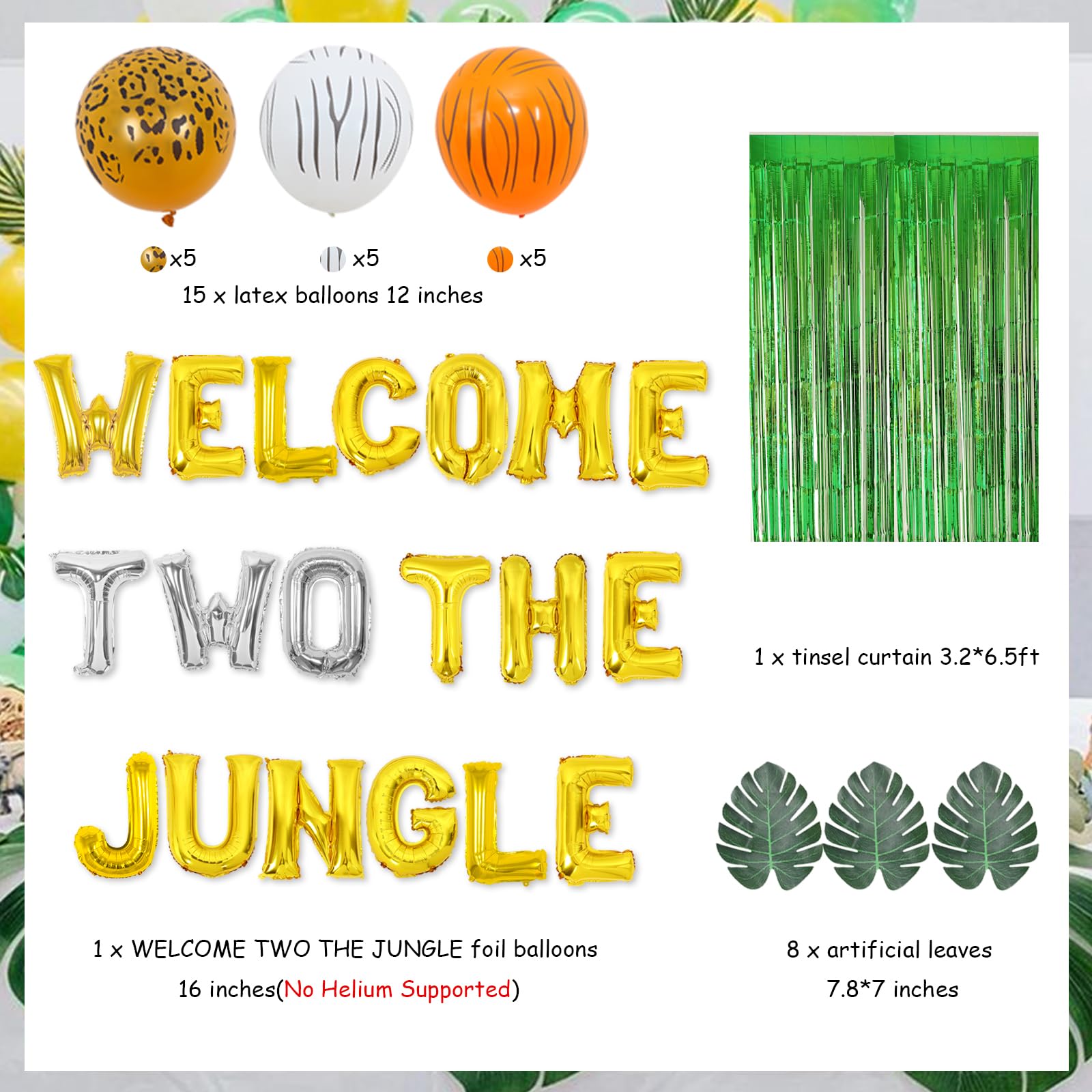 Jollyboom Safari Themed 2nd Birthday Decorations - Animal Balloons, Green Artificial Palm Leaves for Wild Jungle Party | Perfect for Kids' Birthday, Baby Shower & Safari Theme Events