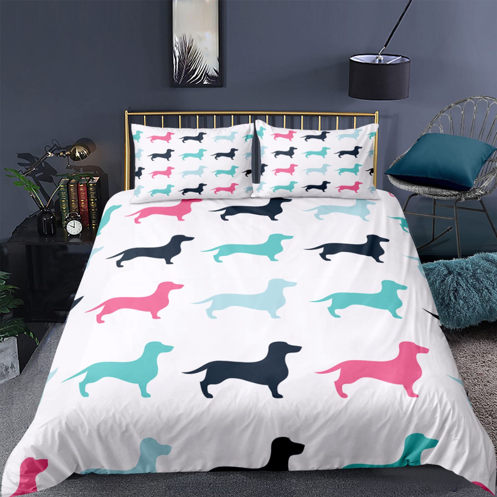 ZZXHG King Size Duvet Cover - Colorful Dachshund Print Microfiber Bedding Set with Zipper Closure & 2 Pillow Shams (104x90 inches) | Soft Comforter Cover for Kids Room Decor | Perfect for Cozy Bedrooms, Guest Rooms & Dorm Decorations