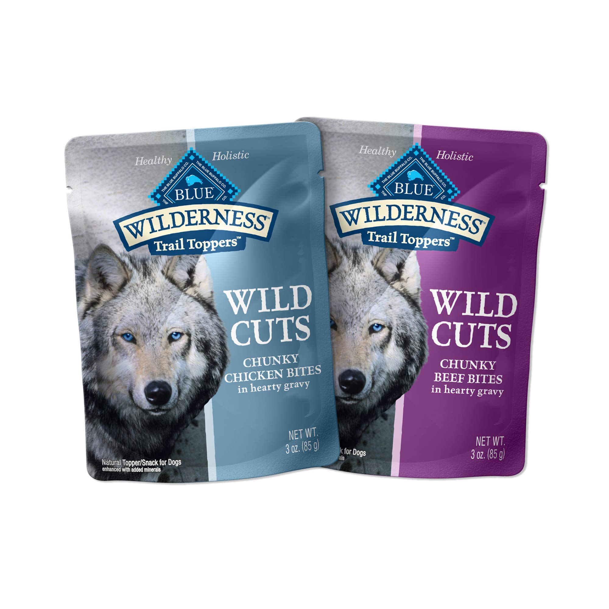 Blue Buffalo Wilderness Trail Toppers Wild Cuts High Protein Natural Wet Dog Food - Chicken & Beef Bites in 3-oz Pouches (48 Count, 24 Each Flavor) - Perfect for Topping Dry Kibble or as a Tasty Meal Enhancer for Active Dogs