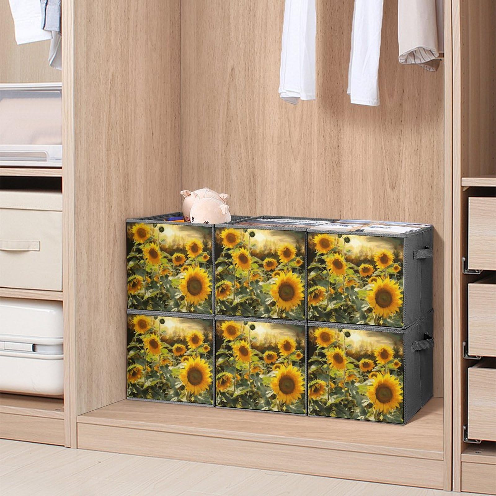 6PCS Sunflower Storage Bins - Collapsible Organizers for Home & Shelves