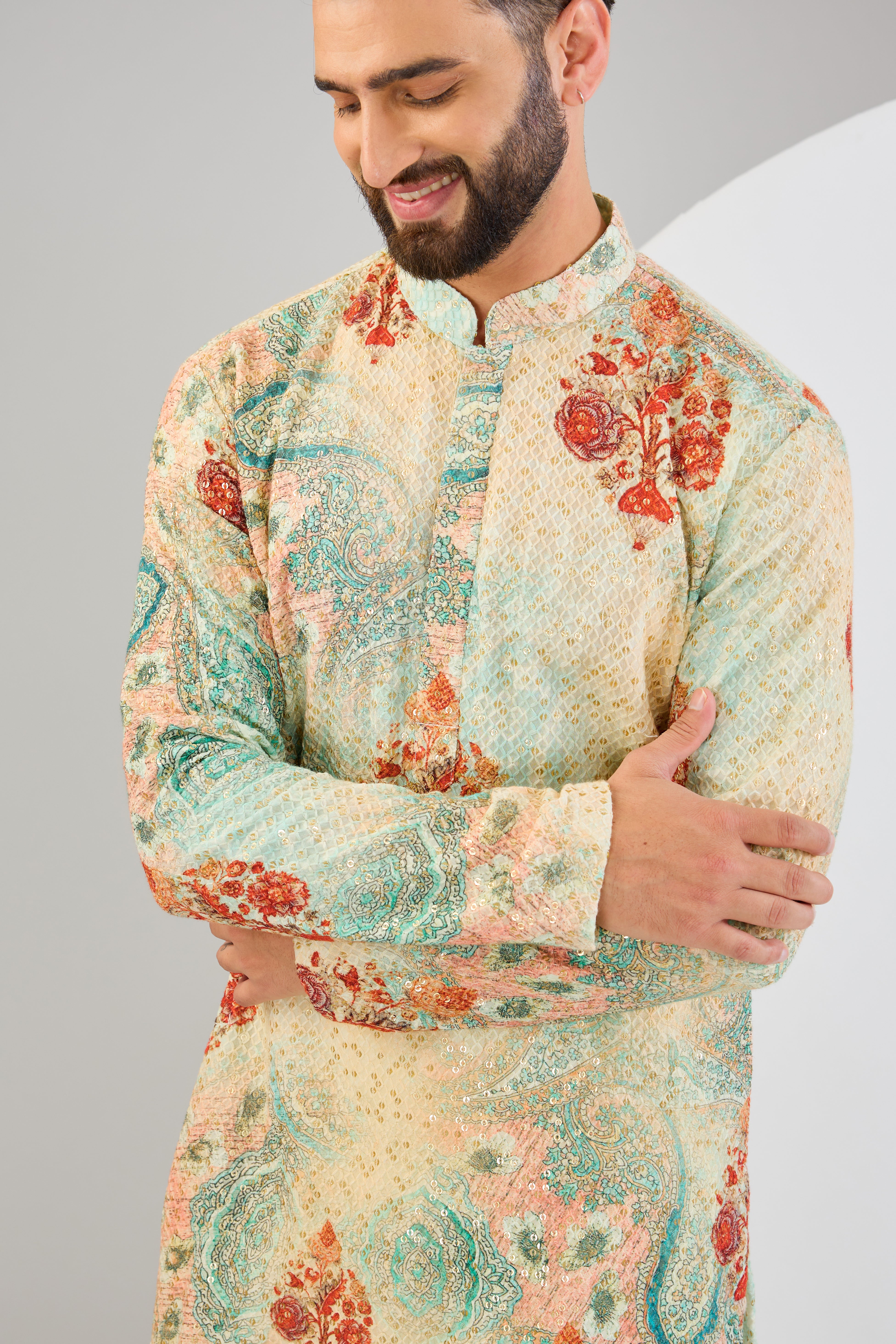 Elegant Multi-Colored Chikankari Kurta with Sequins Embroidery & Kalamkari Print - Perfect for Festivals, Weddings & Ethnic Fashion