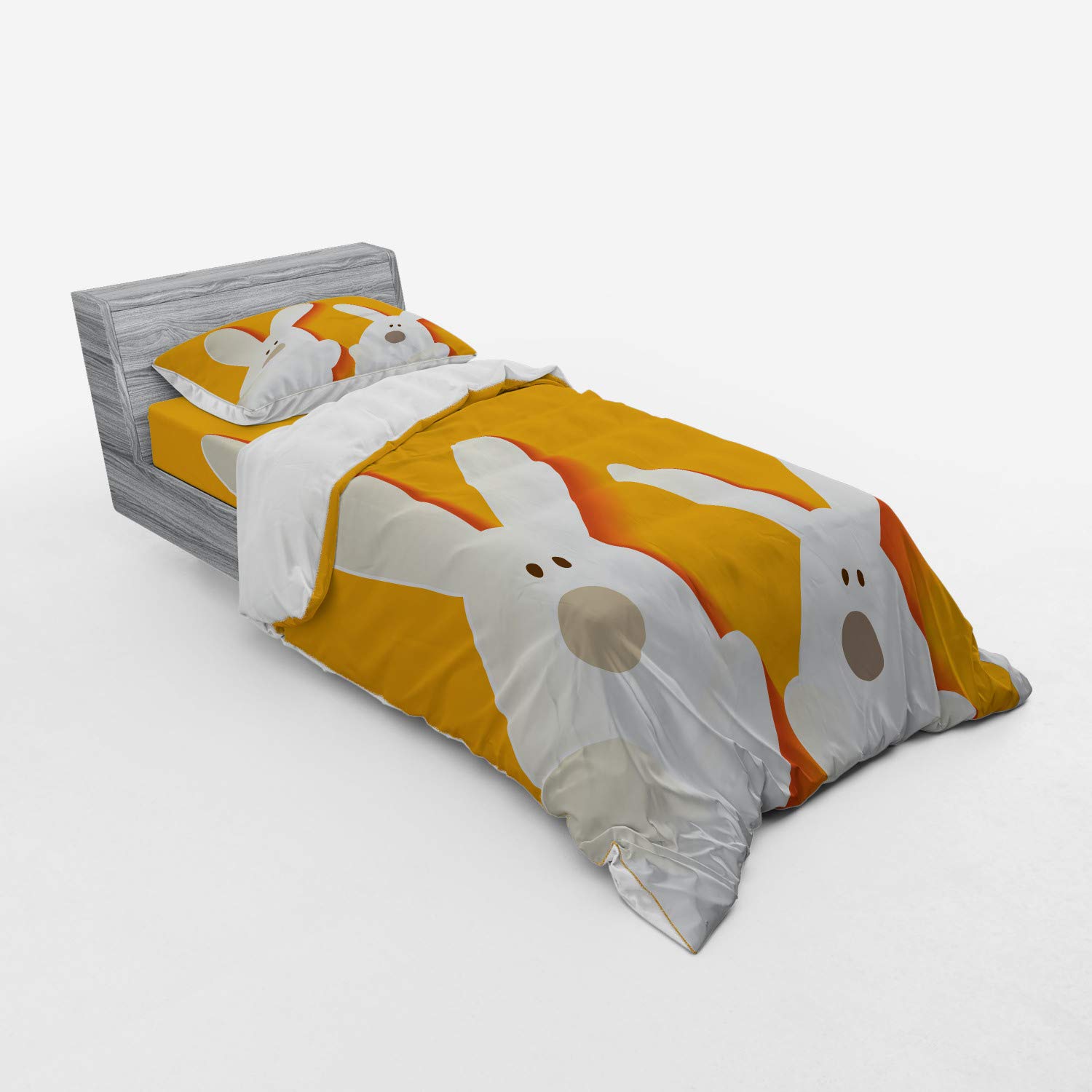 Ambesonne Easter Bunny Duvet Cover Set - 3 Piece Twin Size with Sham & Fitted Sheet, Abstract Animal Design in Warm Orange Coconut Brown - Perfect for Easter Decorations, Spring Bedroom Makeover & Holiday Gift Giving
