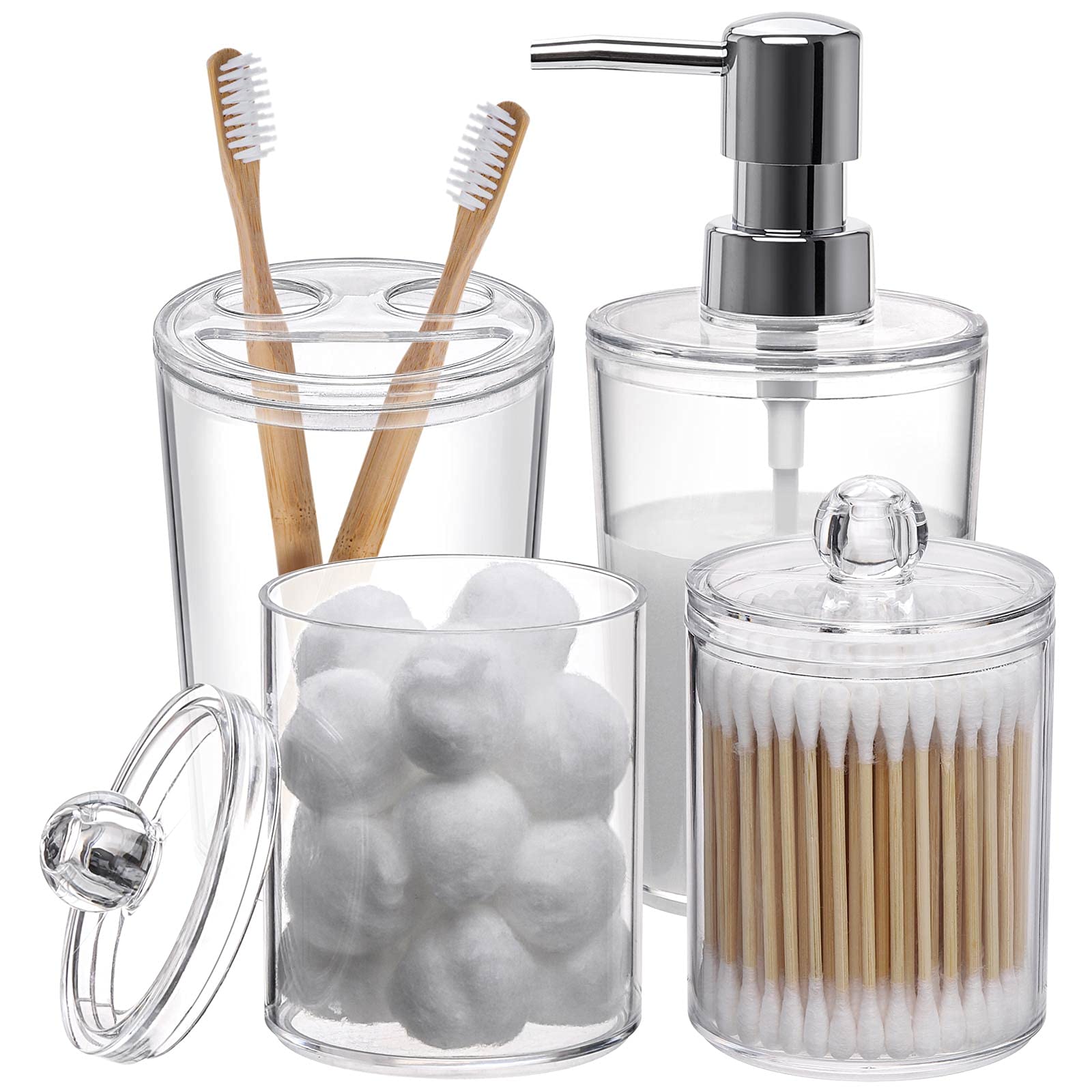 Clear Plastic Bathroom Accessories Set - 4 Piece Soap Dispenser, 2 Qtips Holders & Toothbrush Holder | Modern Countertop Decor for Bathroom Organization & Stylish Home Decor