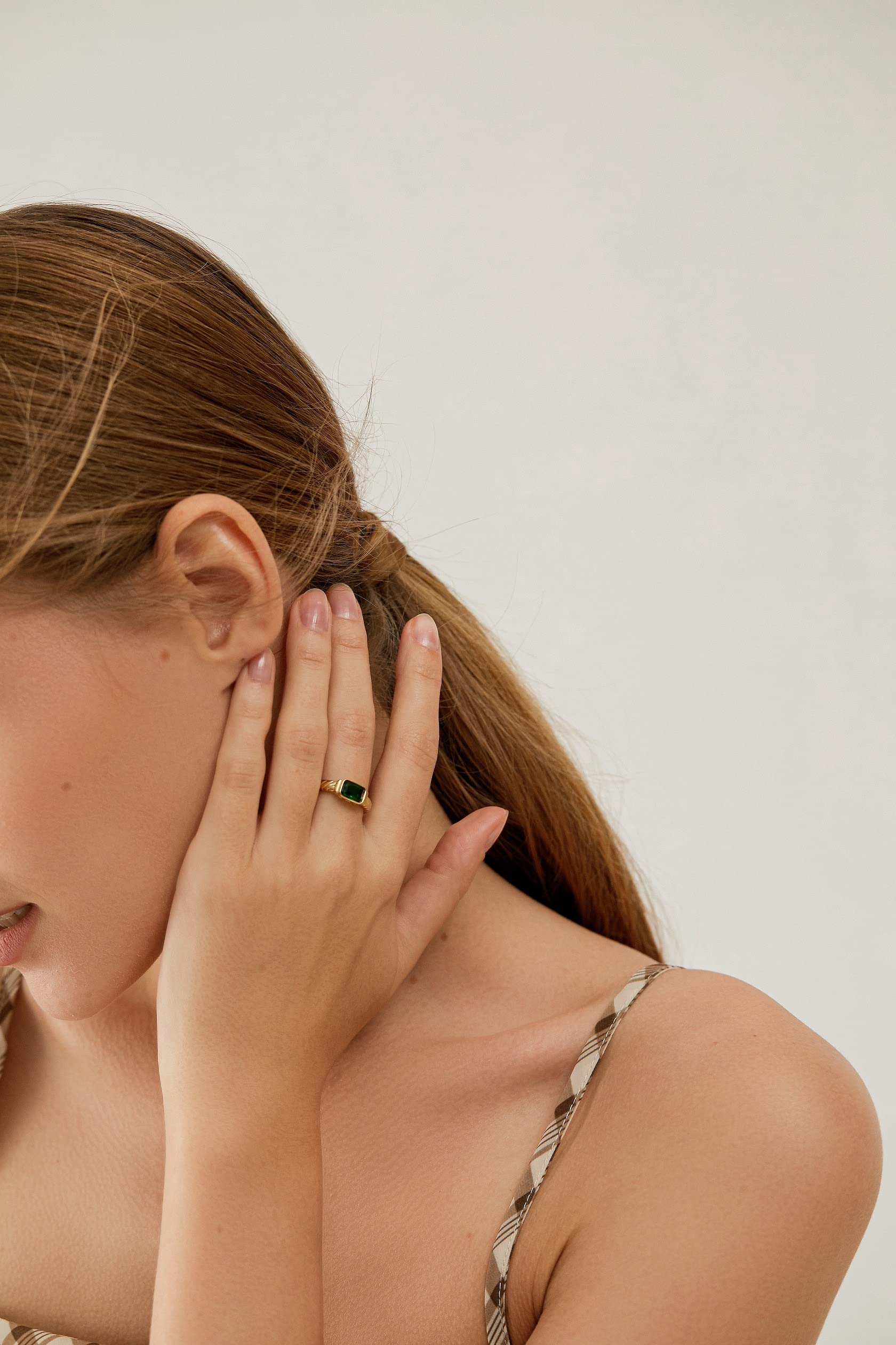14K Gold Plated Emerald Rings for Women - Dainty Green Gemstone Rings with CZ, Non-Tarnish, Size 6/7/8/9 | Elegant Gift for Anniversary, Birthday & Special Occasions