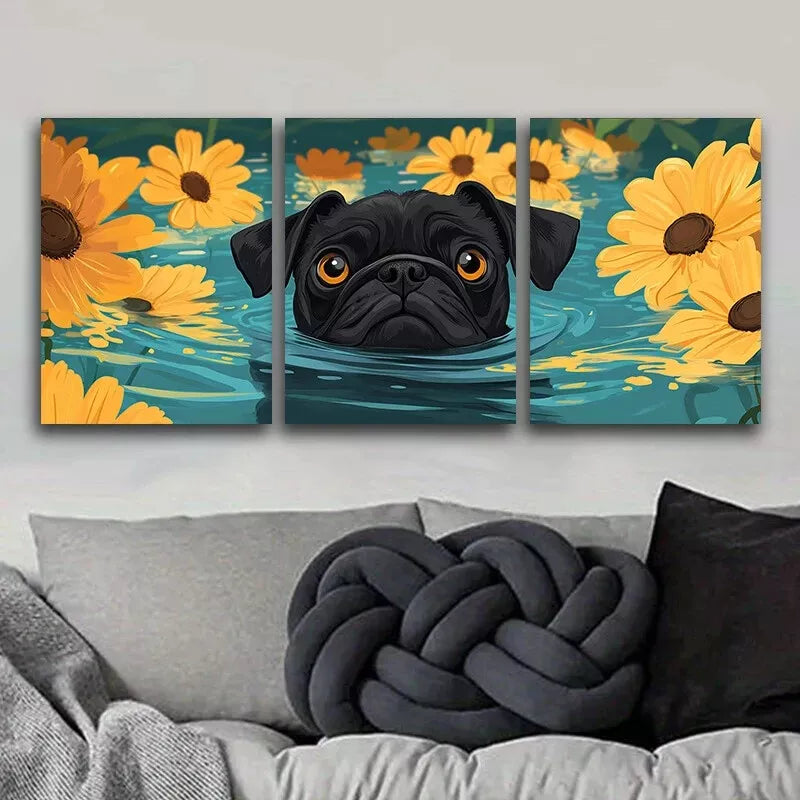 3-Piece Cute Pug Swimming in Water Nature Wall Art Set - Framed Canvas 40x60cm (16x24in) | High Quality Print | 100% Australian Made | Ready to Hang | Perfect for Living Room, Bedroom & Office Decor