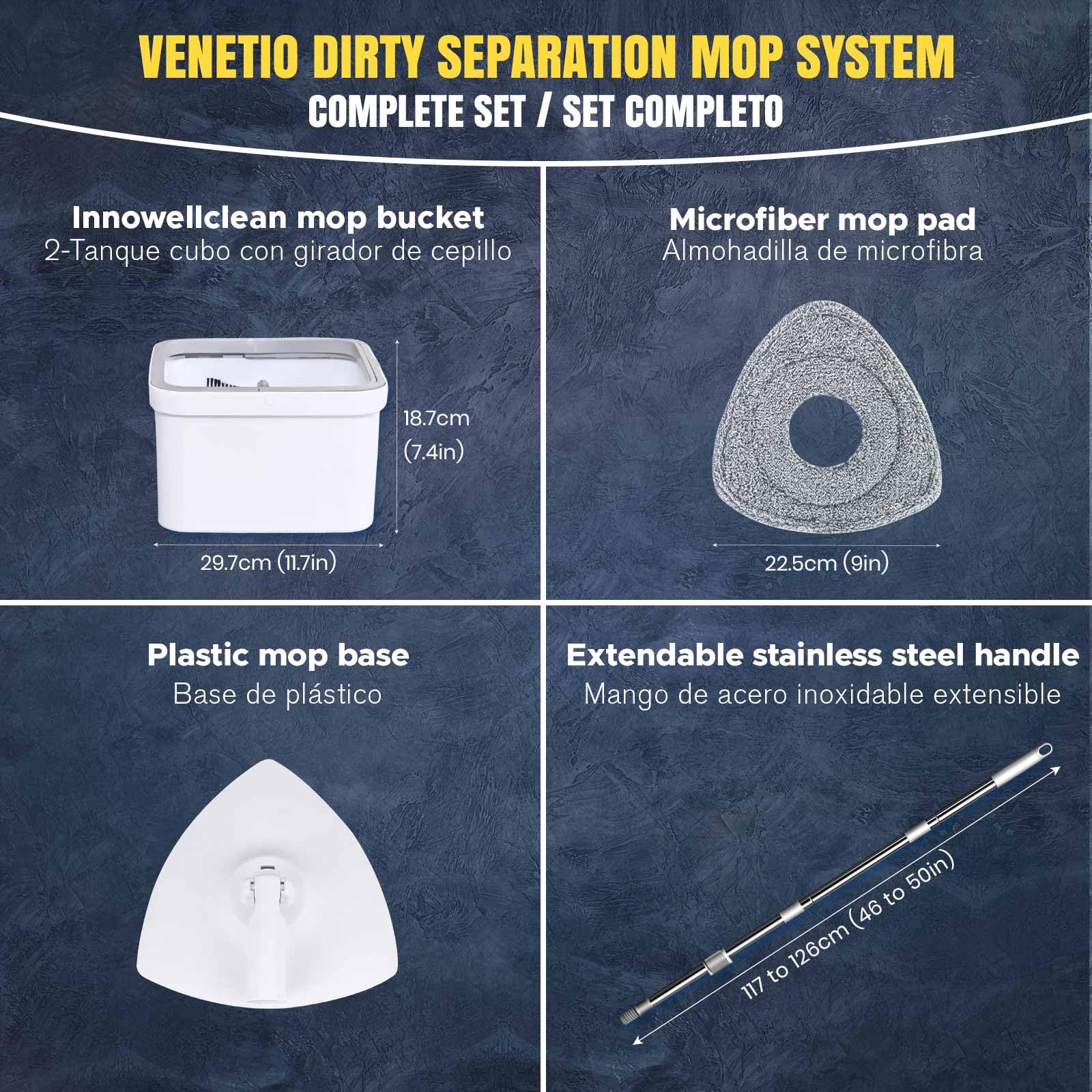 VENETIO Innowellclean Triangle Spin Mop and Bucket Set with Self-Cleaning, Dry & Wet 3-in-1 Dirty Separation System | Microfiber Floor Mop for Hardwood, Laminate & Tile Floors | Perfect for Home, Kitchen & Office Cleaning